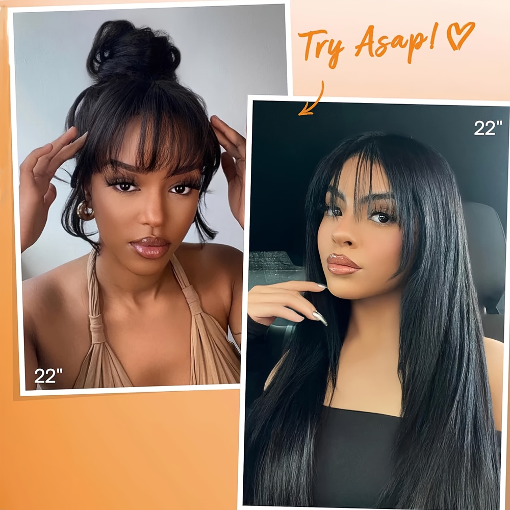 Human Hair Wigs With Bangs Natural Black Put On Human Hair Wigs Full Machine Wigs For Women 8-30 Inch 250 Density