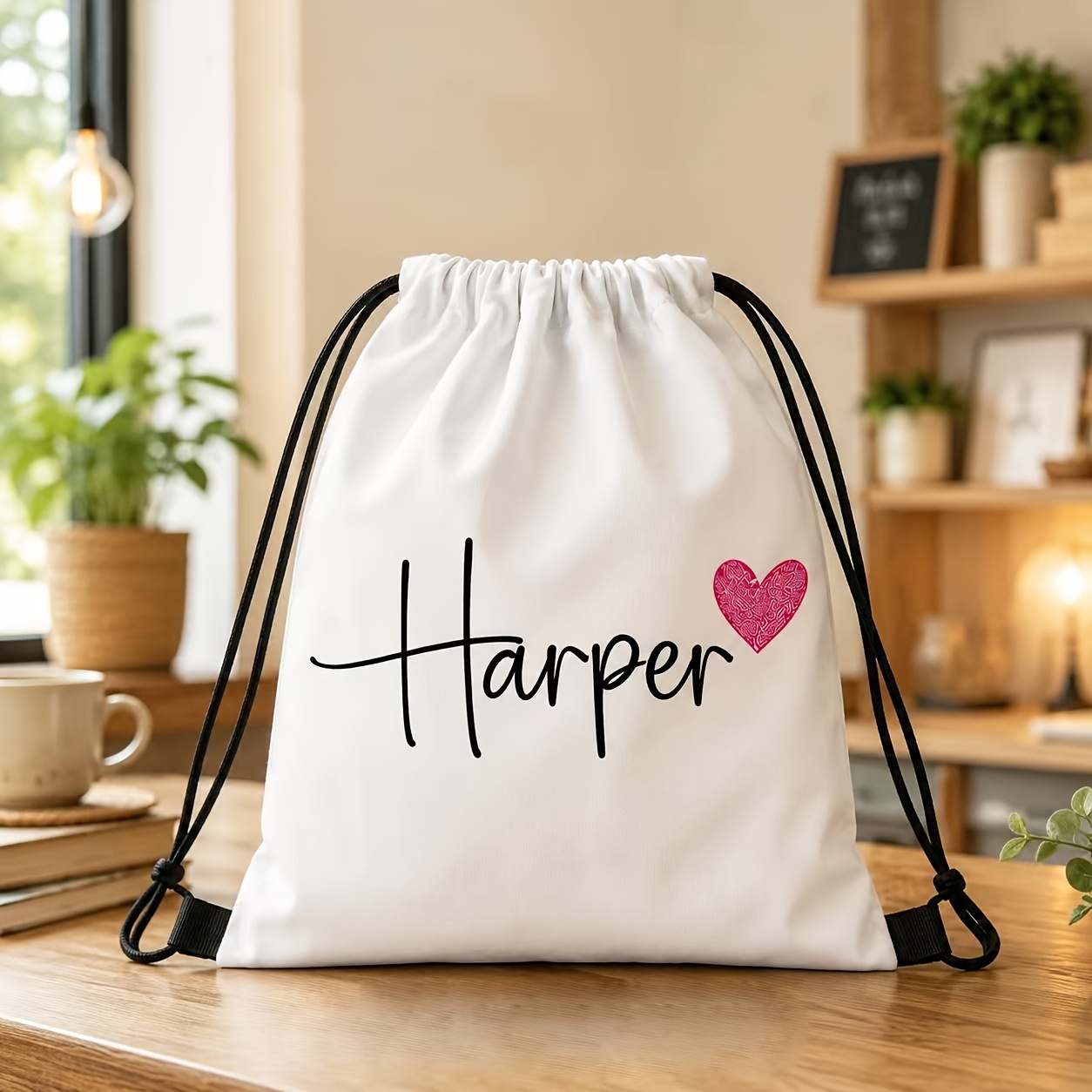 TEMU Personalized Name/text Custom Drawstring Backpack - Heart Pattern & Your Own Label, Lightweight Fabric Suitable For Gifts,, Party Favors, Daily