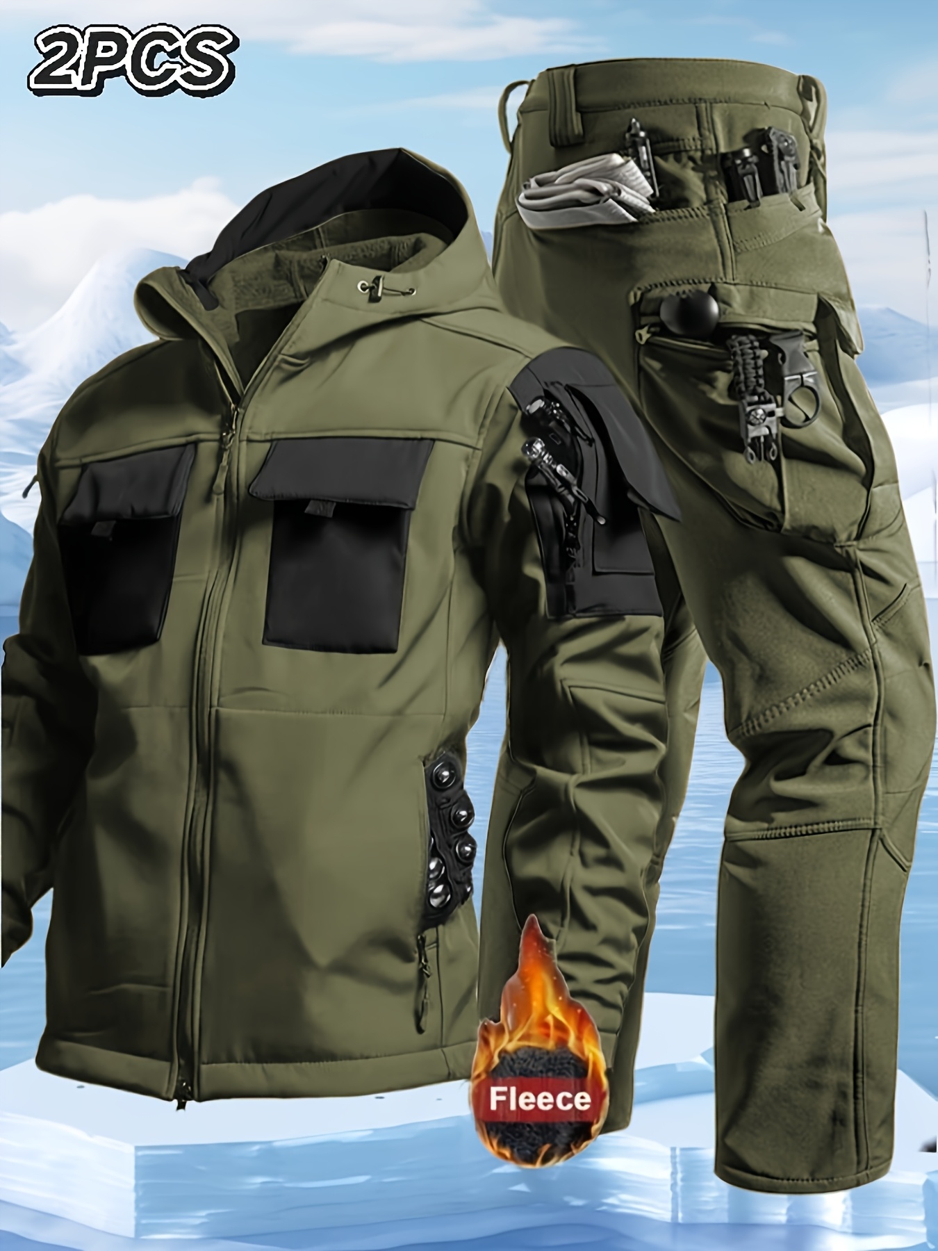 Men's Windproof Hooded Jacket & Insulated Cargo Pants Set