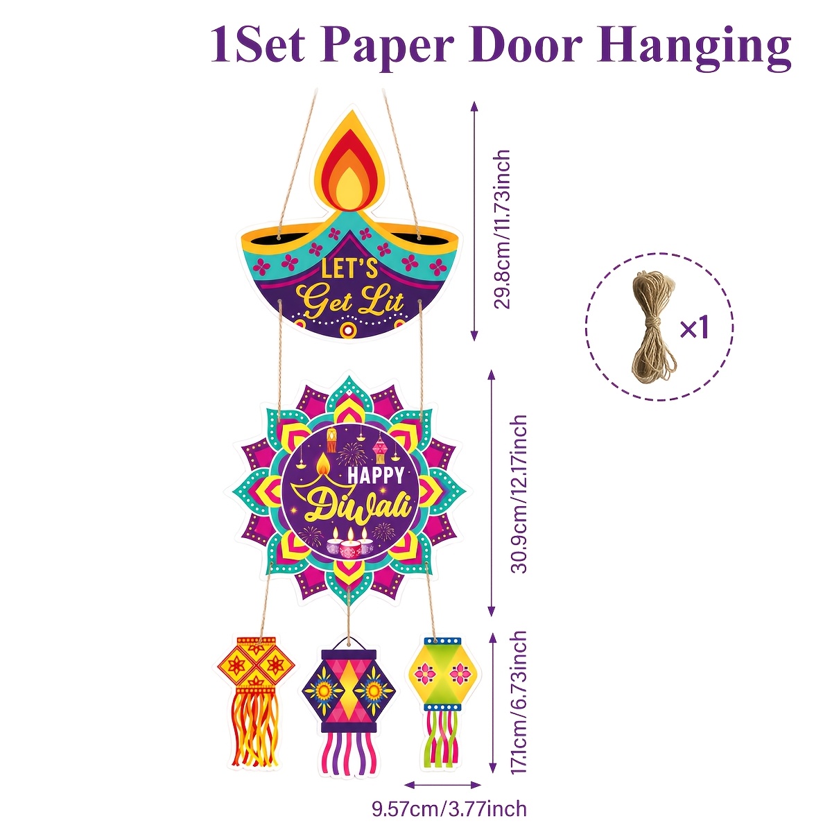TEMU 1 Set, Hanging Ornaments, Diwali Paper Door Hanging, Oil Lamp Lotus Mandala Lantern Pattern Hanging Ornaments, Happy Diwali Words Design, Happy