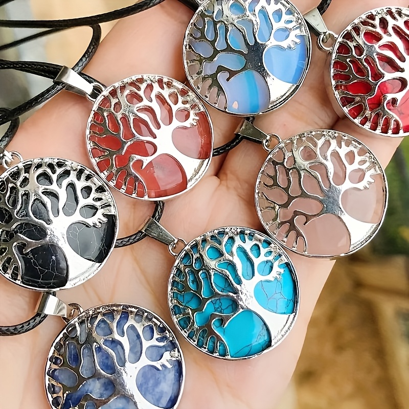 20pcs Tree Of Life Pendant Necklace, Assorted Natural Stone Charms - Multicolor Amulets