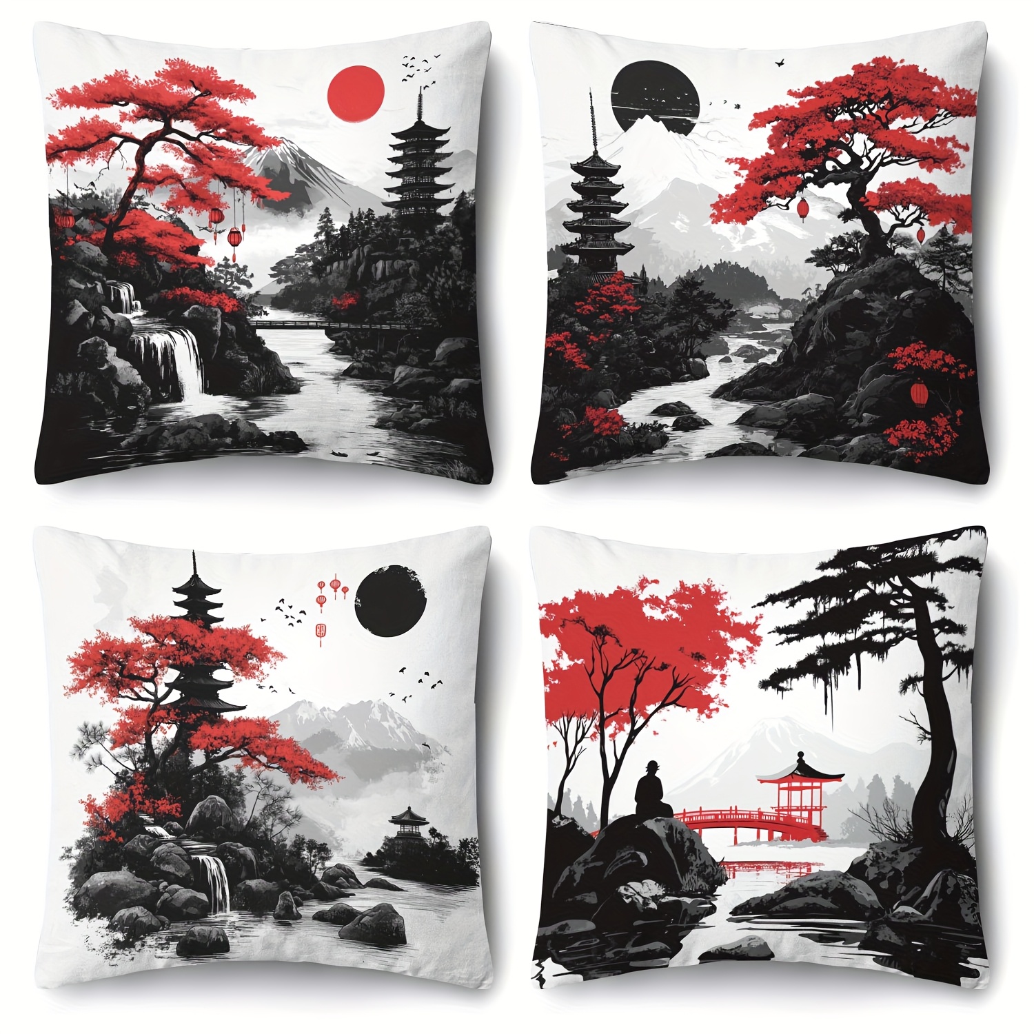TEMU Cushion Covers - A Set Of 4, Featuring A Japanese Artistic Style With Elements Like , , And Ancient Temples, Showcasing A And Ambiance. Have A