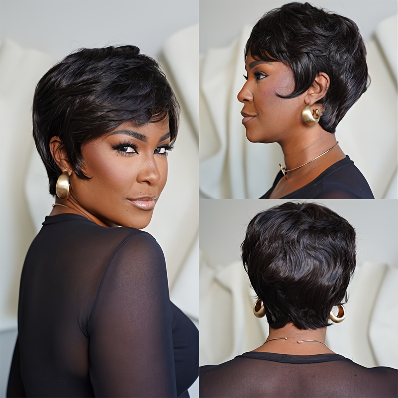 TEMU Elegant Short Straight Cut Wigs For Women 180% Density 4 Inch Brazilian Human Hair With Bangs Soft Natural Looking Full Machine Made Perfect For