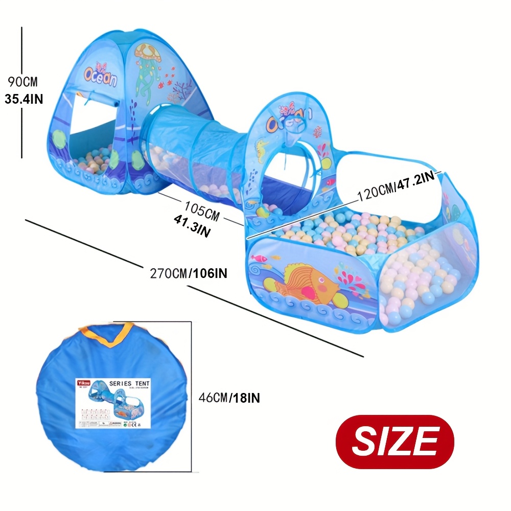 3-delige Blauwe Oceaan Thema Kinderballenbak Set met Glijbaan-achtige Tunnel & Koepelhoes