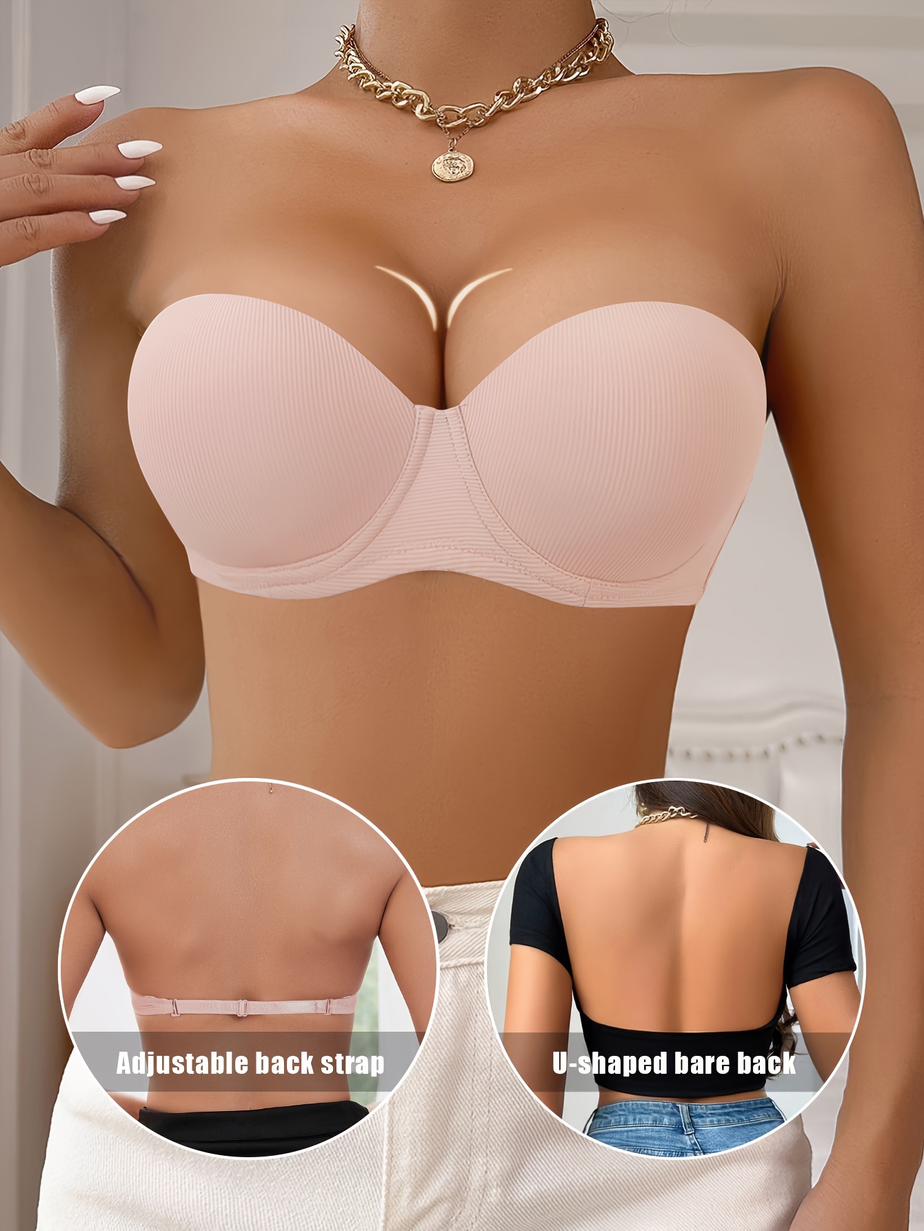 Solid Half Cup Underwire Strapless Bra, Elegant Comfy Push Up Bra, Women's Lingerie & Underwear