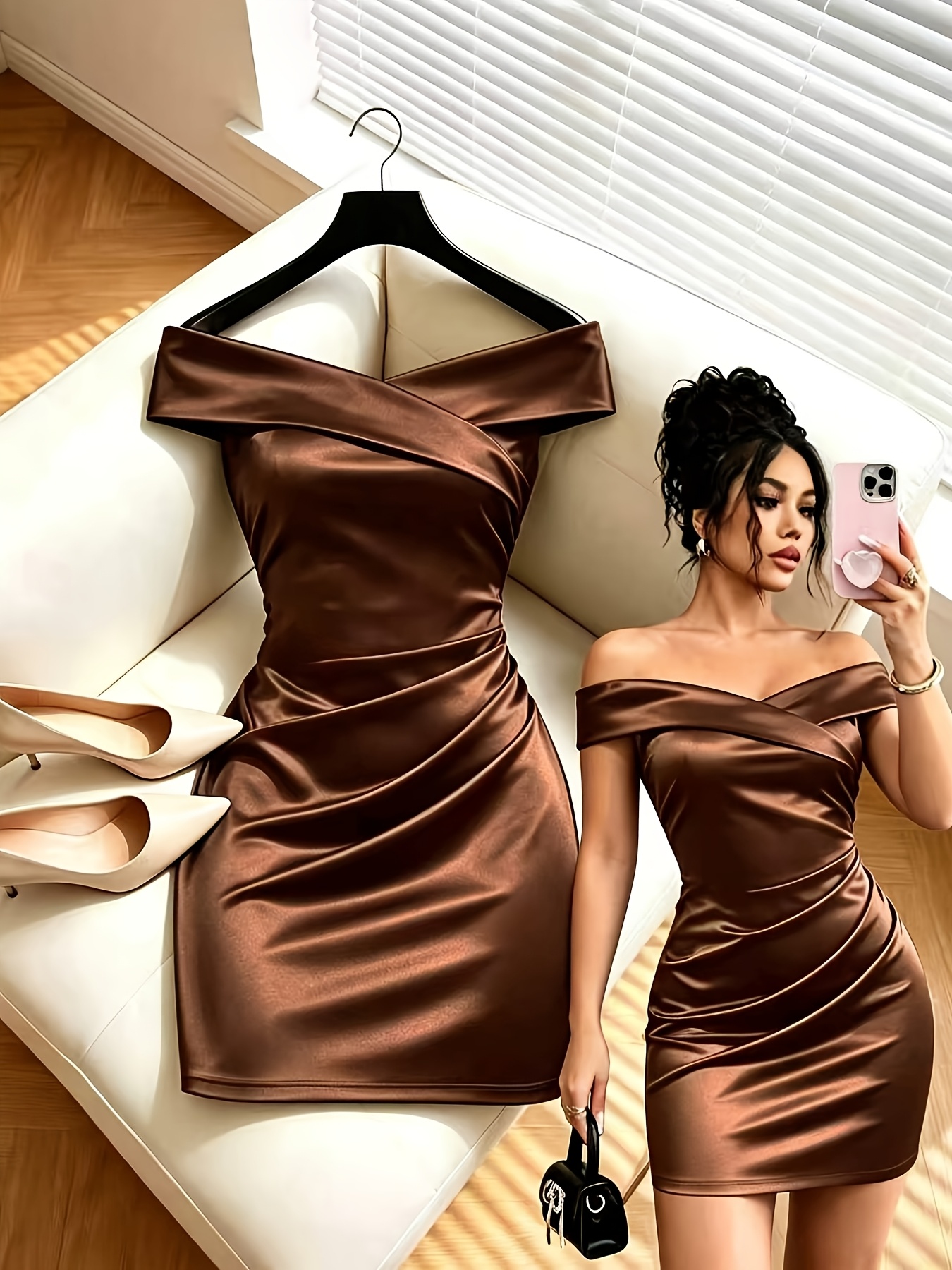 solid color shoulder hem dress elegant social