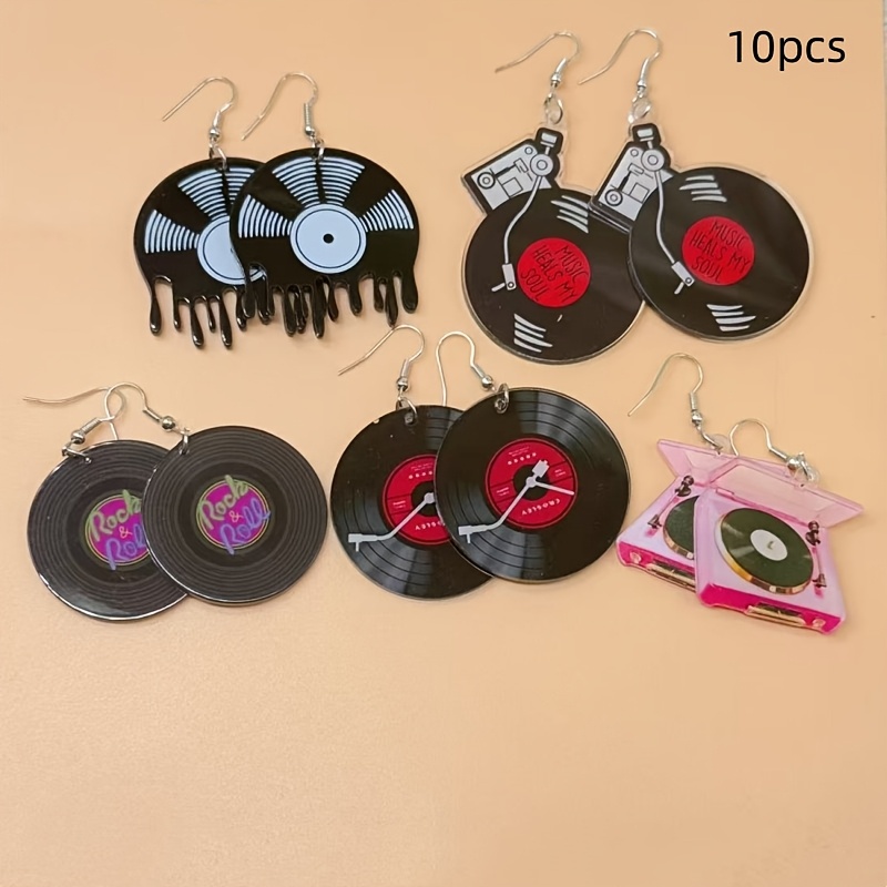 TEMU 2d Flat Acrylic Earring Pendant, 10pcs 5 Pairs Vintage Music Festival Cd Disc Design Drop Earrings Minimalist Style Acrylic Jewelry Creative