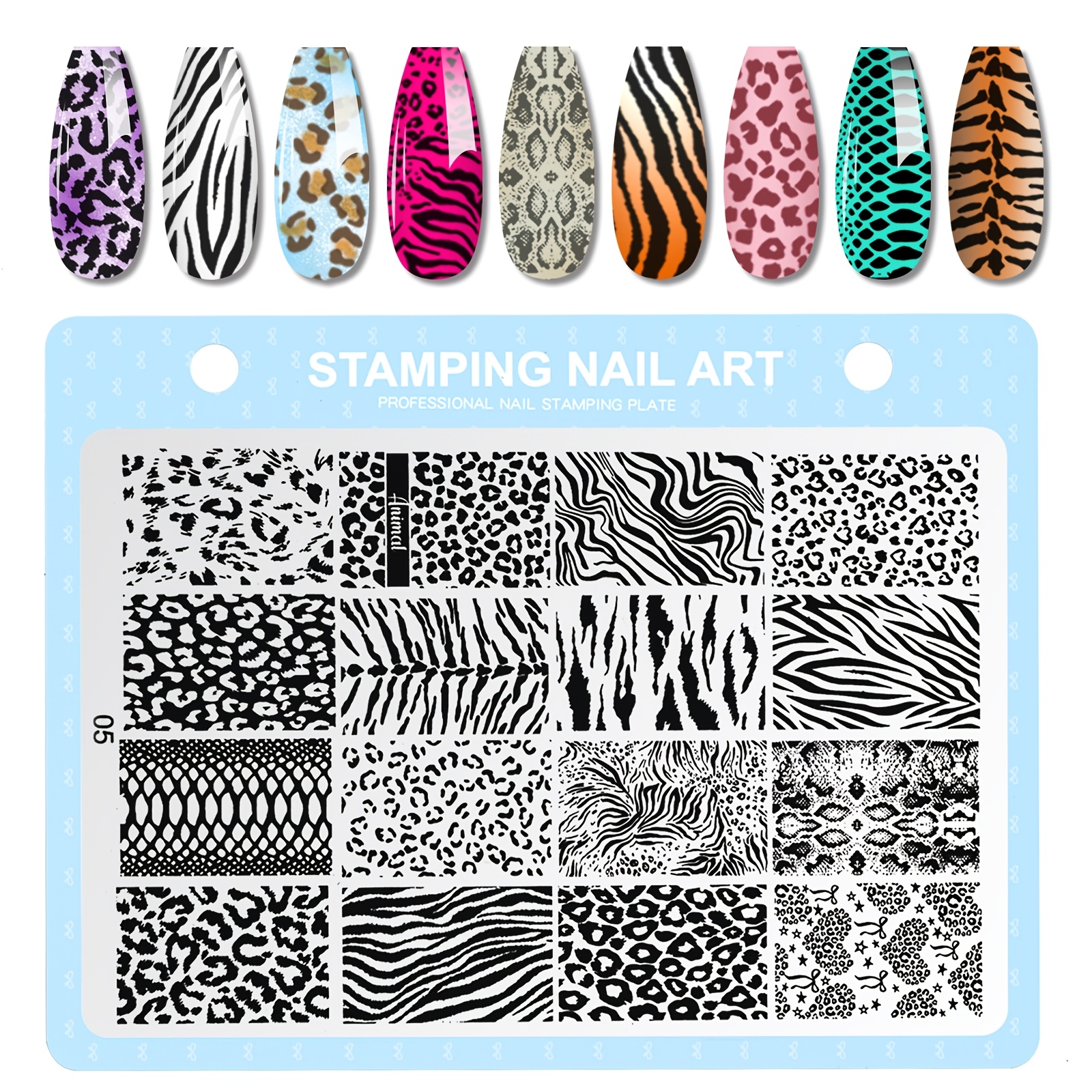 TEMU Plaque de pochoir Nail Art Léopard Zèbre Tigre Mixtes Métal Lisse Outil de Pochoir Embossage Ongles Mode Nail Art Design Fournitures de Manucure
