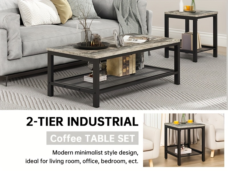 Living Room Table Set, 3pcs Modern Coffee Table with MDF Broad Tea Table & 2 End Side Tables, Space-Saving Coffee Table Set with Metal Frame for Living Room, Small Space, Apartment, Bed Room