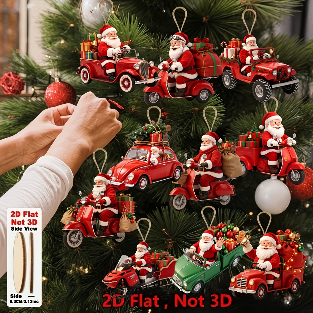 TEMU 2d Flat, 10pcs Santa Claus Driving A Car Gifts Christmas Ornaments - Festive Santa Hats And Scarves, Wood Holiday Decor, Suitable For Trees,