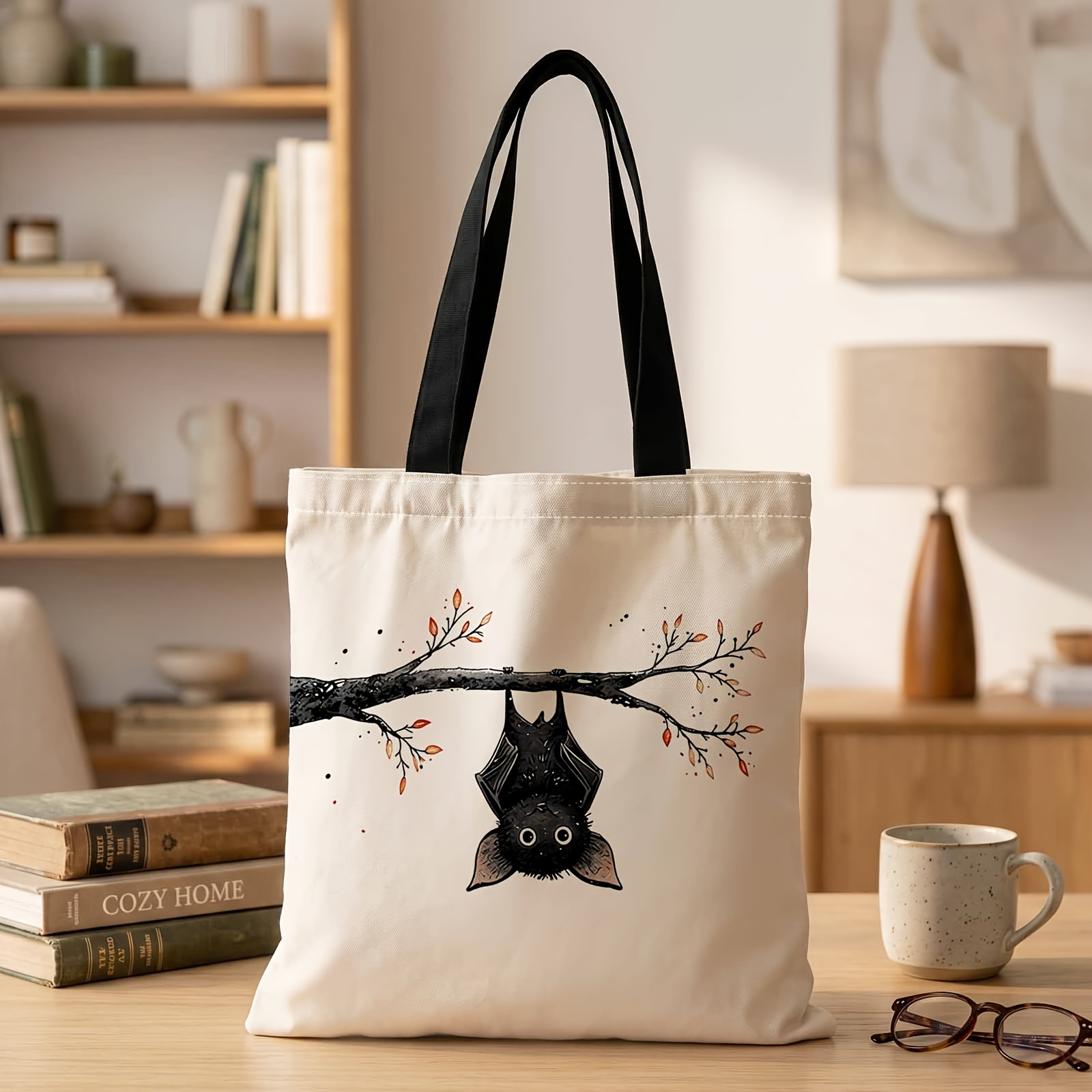 TEMU 1pc Sac à Main Imprimé 2D avec Motif de Petite Chauve-Souris sur une Branche, Sac à Bandoulière Tendance Réutilisable Sac de Courses Fourre-tout