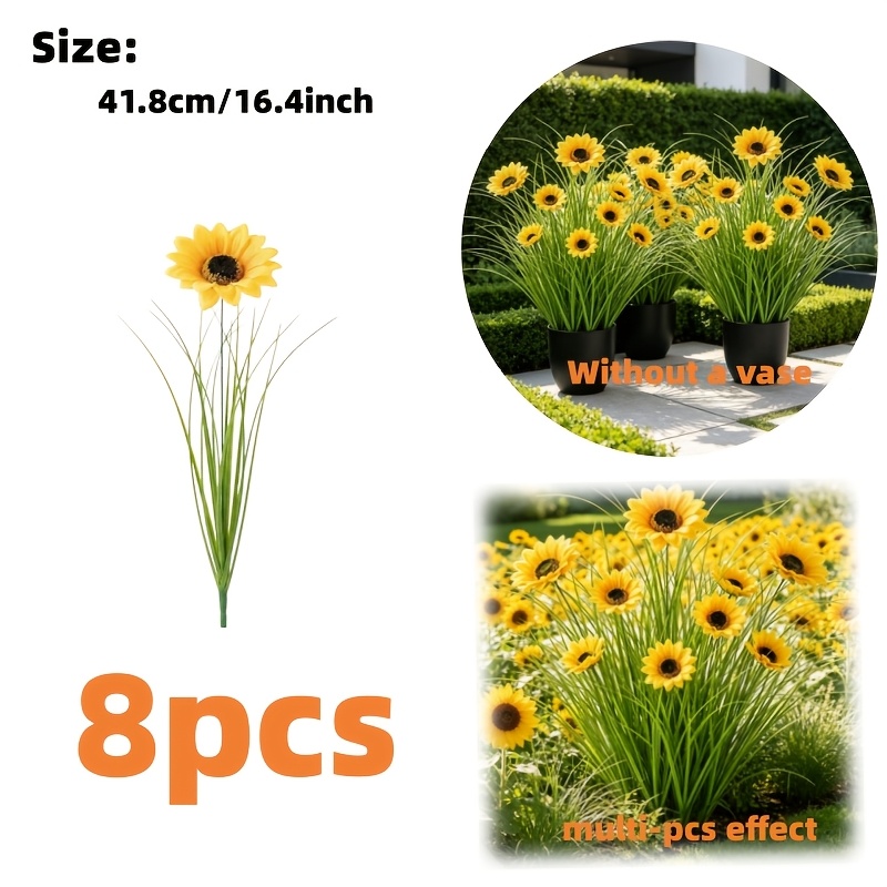 Image of 8pcs Artificial Sunflower Grass Potted Plants, Faux Greenery For Outdoor Courtyard Lawn Porch Home Decor, Uv-resistant And Low-maintenance