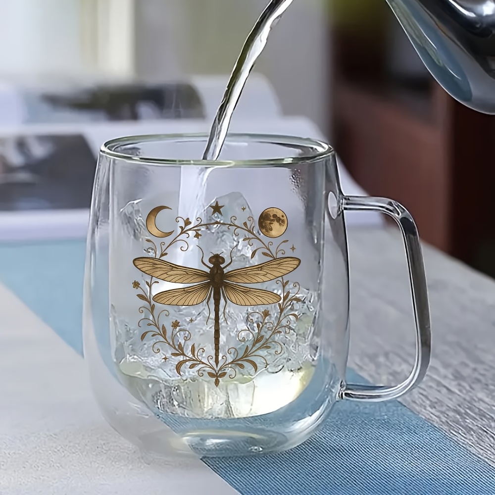 TEMU Double Wall Insulated Glass Coffee Mug With Floral Print - Elegant Thermal Cup Suitable For Coffee, Tea, Hot Drinks - Hand Wash Cup For Kitchen,