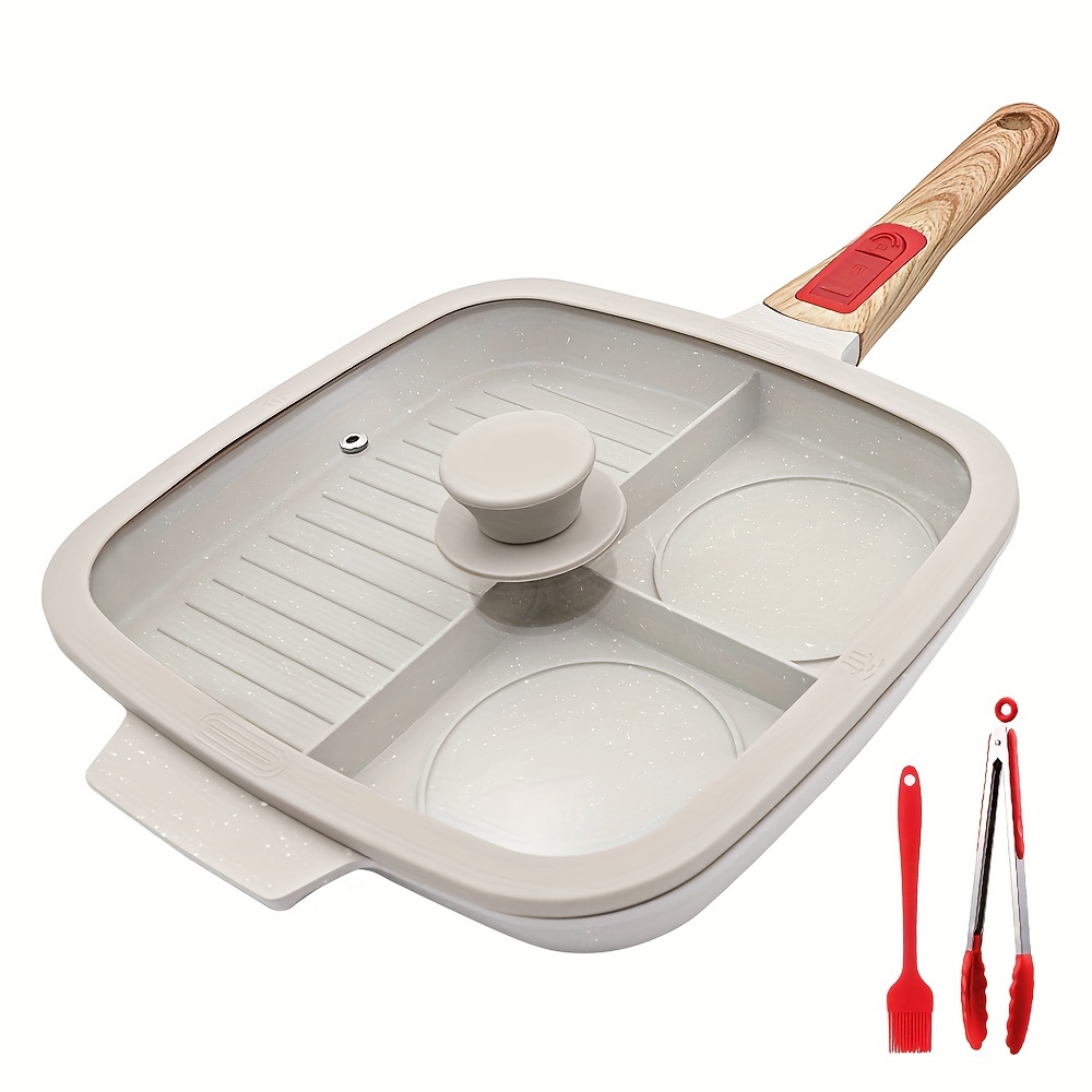 

3 Section Grill Pan For Stove Tops With Detachable Handle, Nonstick Griddle Pan With Lid, Square Free, White