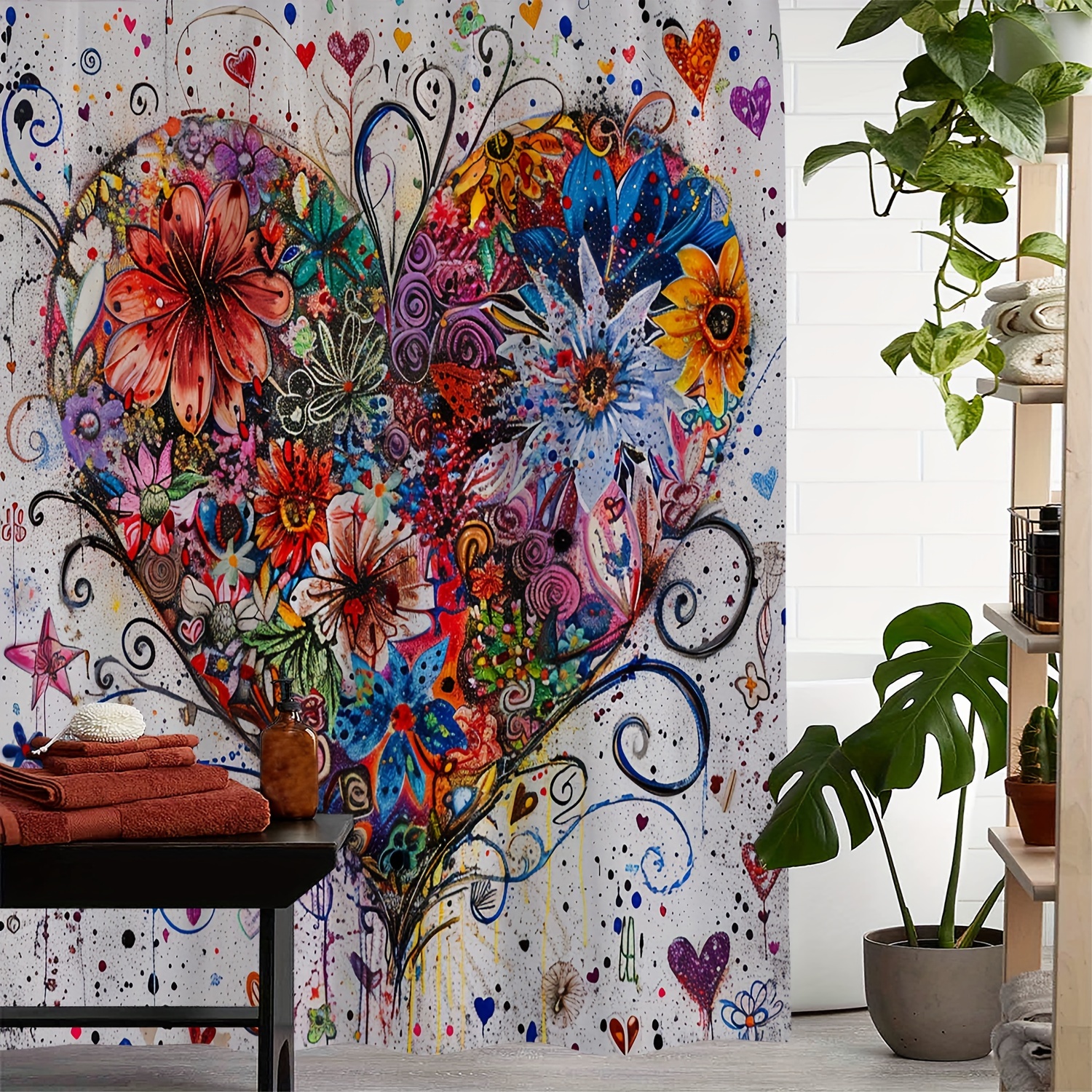 

1pc Floral Heart Print Waterproof Shower Curtain, 72x72 Inches With 12 Hooks, Colorful Artistic Love Design, Ultimate Water-resistant Bathroom Decor