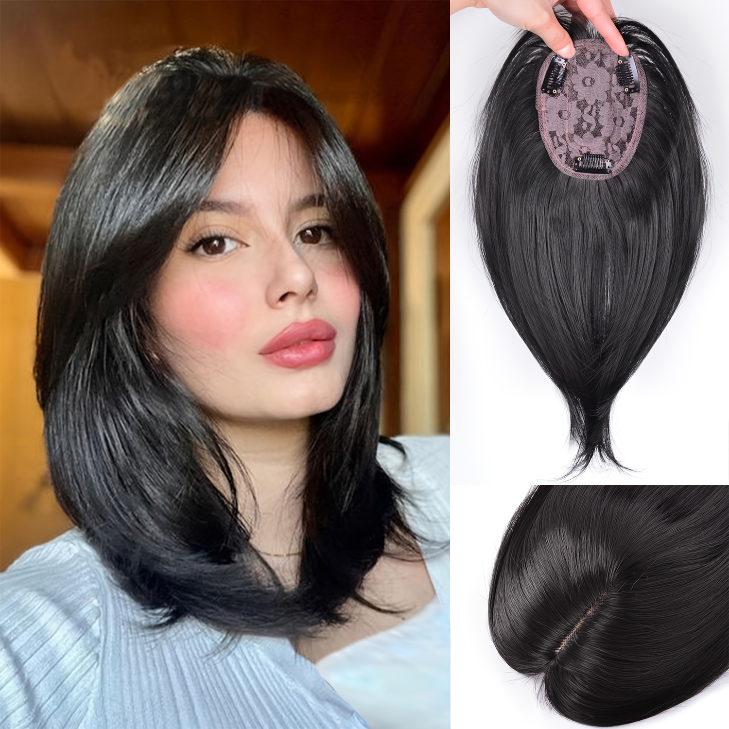 

Toppers Hair For Women 14'' Striaght Topper Hair With 3 Clips Hair Extensions For Thinning Hair Synthetic Hairpieces With Bangs