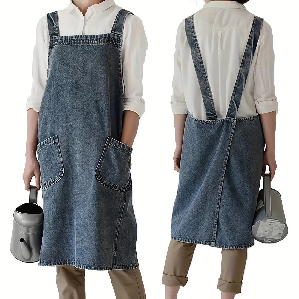 

Back Apron With Pockets - 1pc, Unisex Cooking, Gardening, Art, Cafe Work Bib Jean Apron For Men And Women