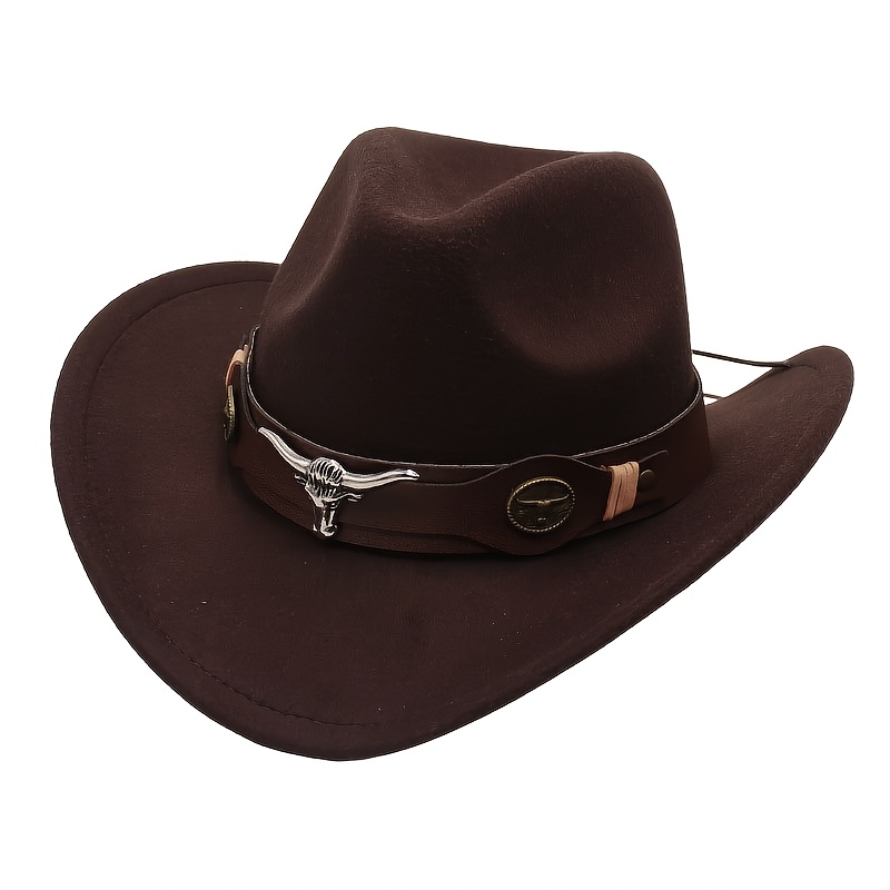 1 's Top Hat Metal Bull Western Cowboy Fall/winter Tweed Fedora With Brim, Suitable For 6-8y
