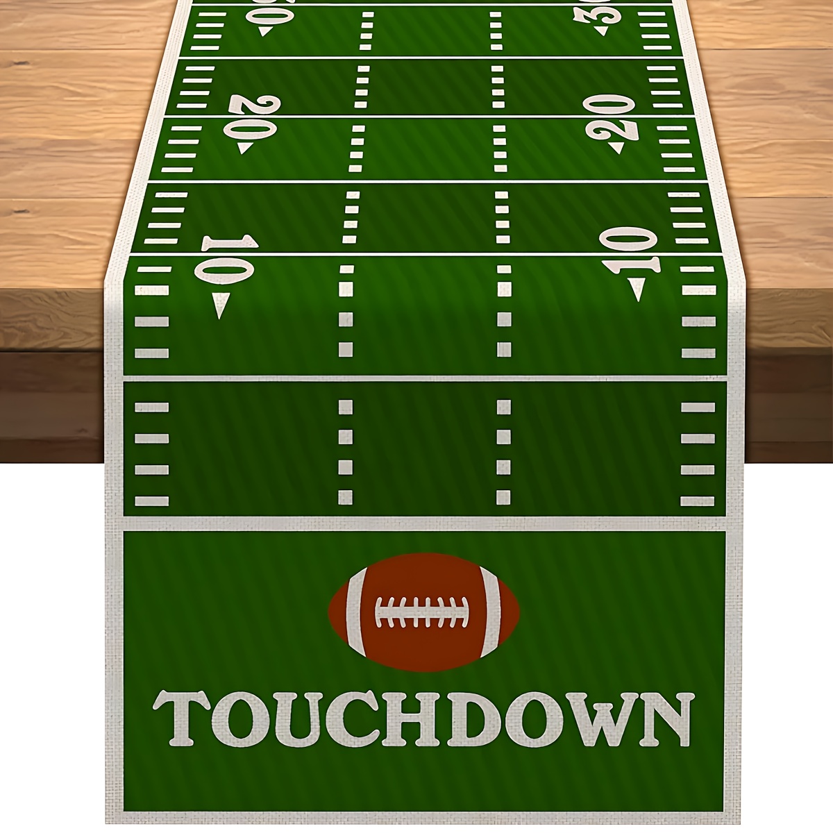 1pc football field tablecloth with yard lines & 20-yard markers - heavy-duty polyester rectangular sports theme party decorations for boys birthday, game day, kitchen & dining table - green with white numbers & brown yard lines - easy-clean durable table cover for football fans - american football field design with     & numbered 10, 20, 30, 40, 45.72 meter, wrinkleresistant material, home   0