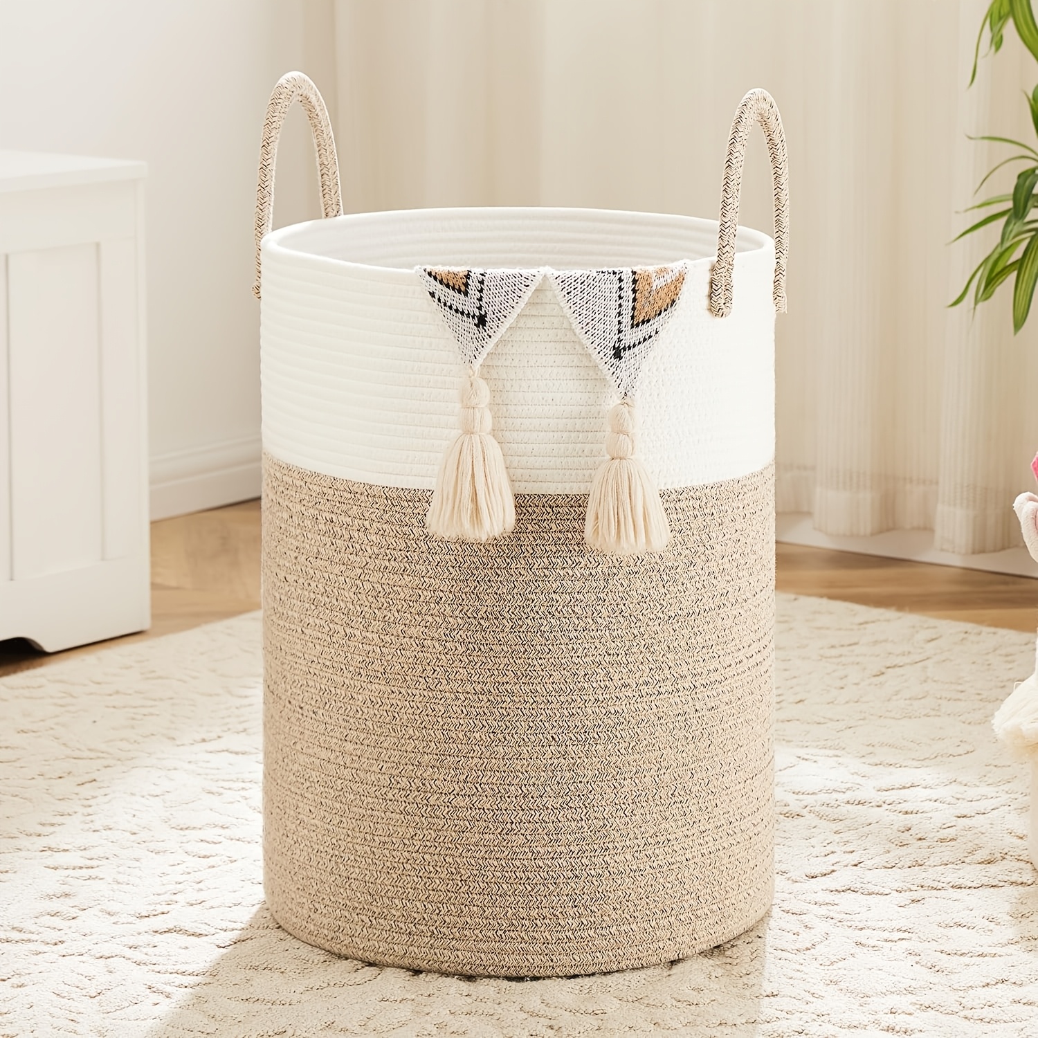Image of Large Dirty Laundry Basket - 60 Liter Rope Woven Basket, Suitable For Blankets, Clothes Storage Basket - Tall Decorative Storage Basket With Long Handles, Gradient Brown, Shelf Baskets
