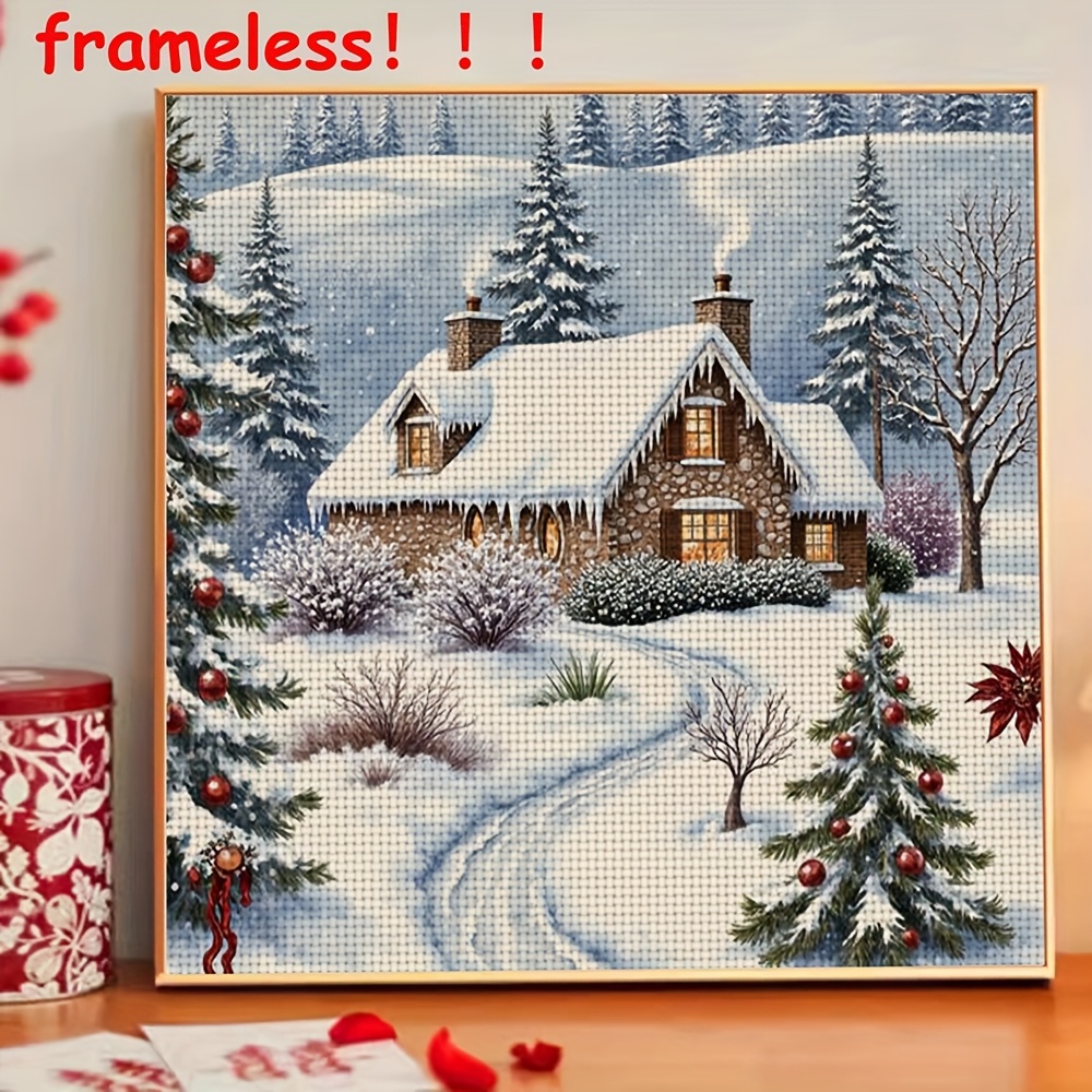 TEMU 1 Set 11ct Frameless Diy Stitch Kit - Snowy Winter Cottage Scene With Threads, Fabric & Needles, Complete Handmade Embroidery Set For S &,