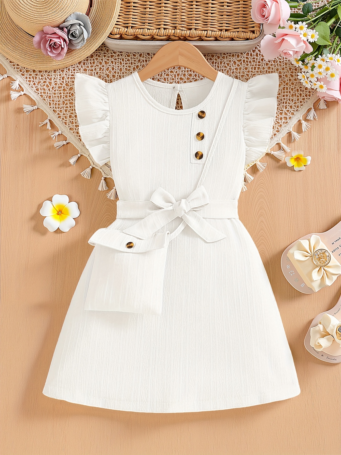 Elegant Green Ruffled Sleeve Dress for Girls with Bow Detail & Button Accents - Crew Neck, Non-Stretch Polyester, Machine Washable - Perfect for Summer Parties & Casual Outings, Girls Long Sleeve Dresses