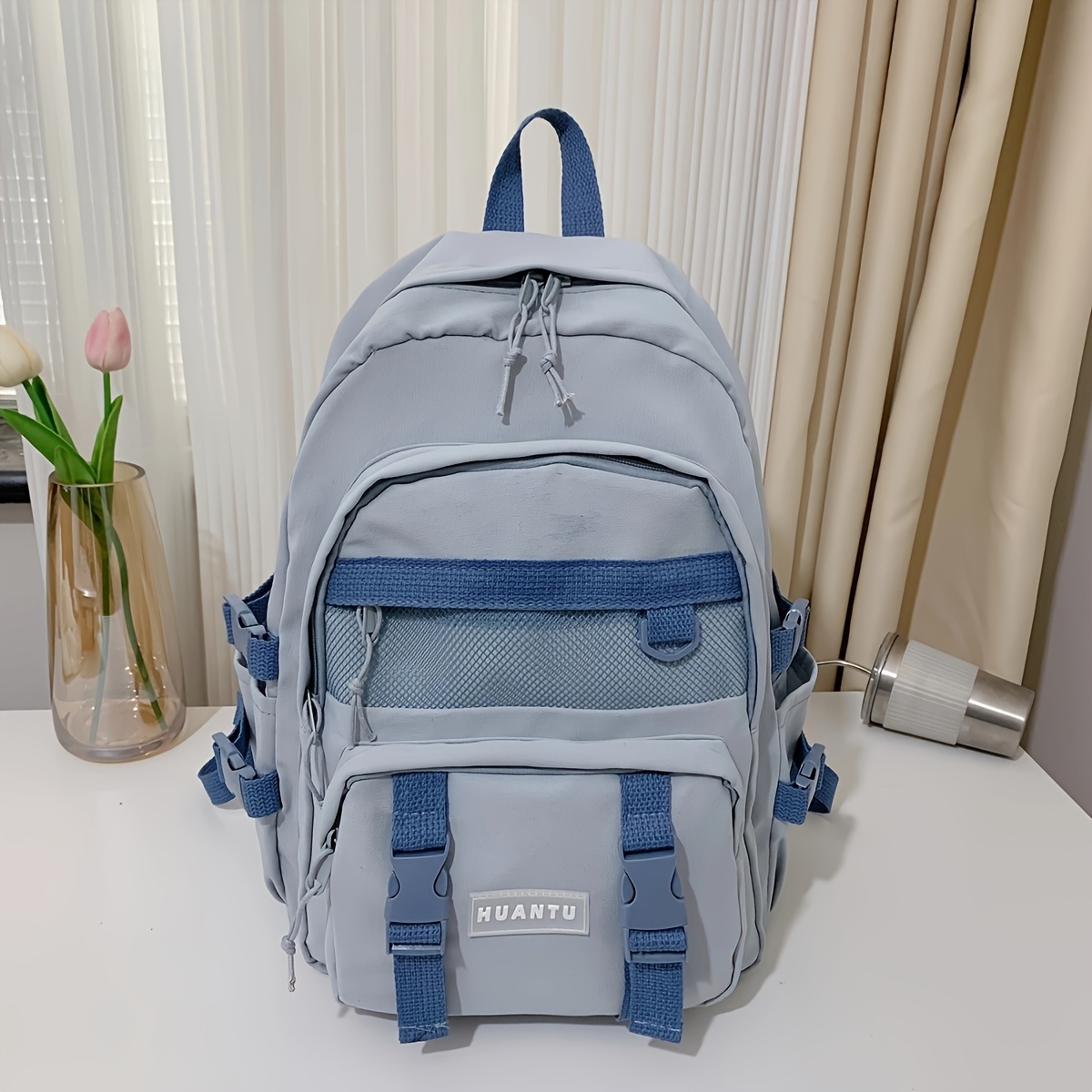 huantu beige nylon backpack casual solid color foldable - Temu
