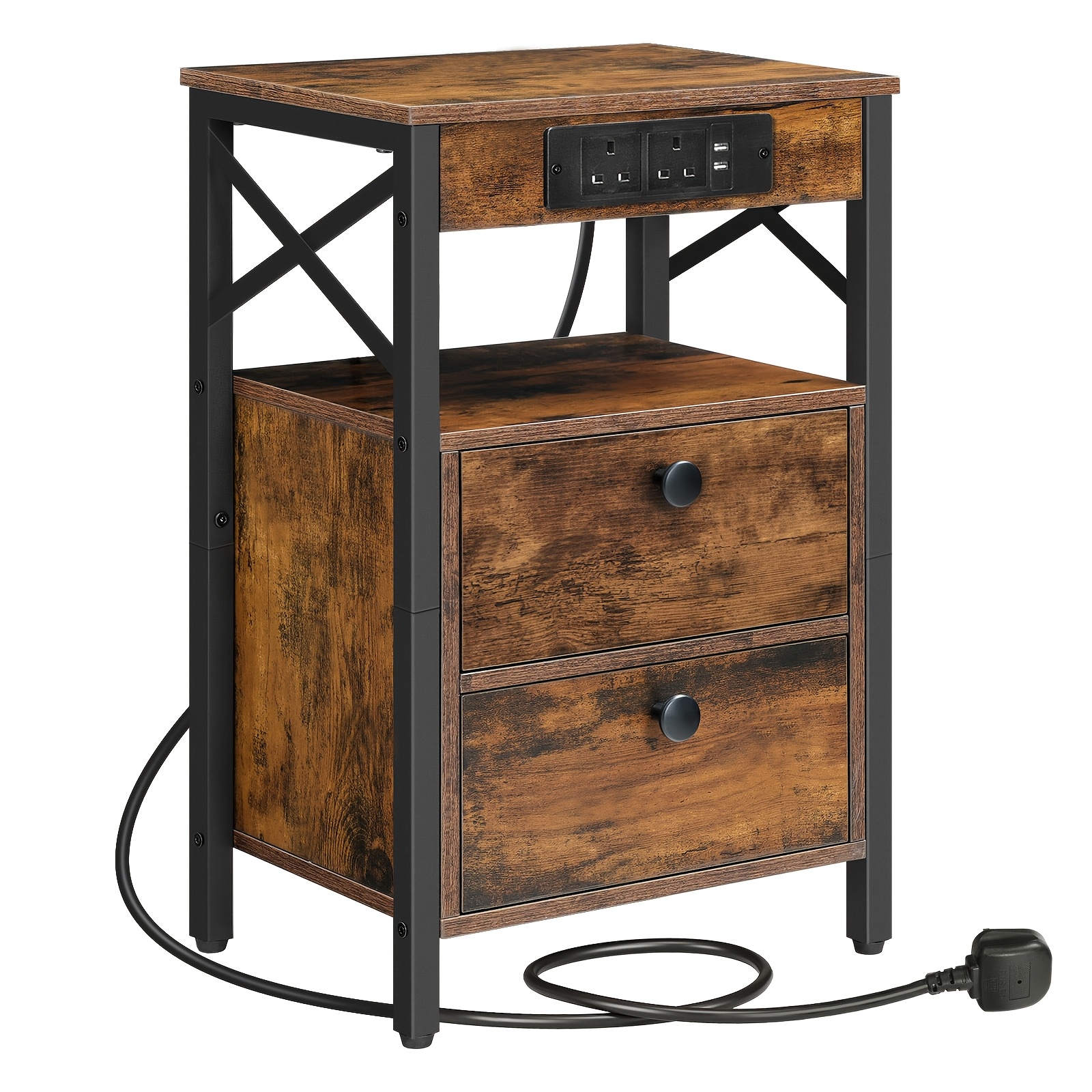 TEMU Modern Bedside Table With Charging Port, Versatile Nightstand With 2 Drawers, Sofa Side Table, For Small Spaces In Bedroom, Living Room, And