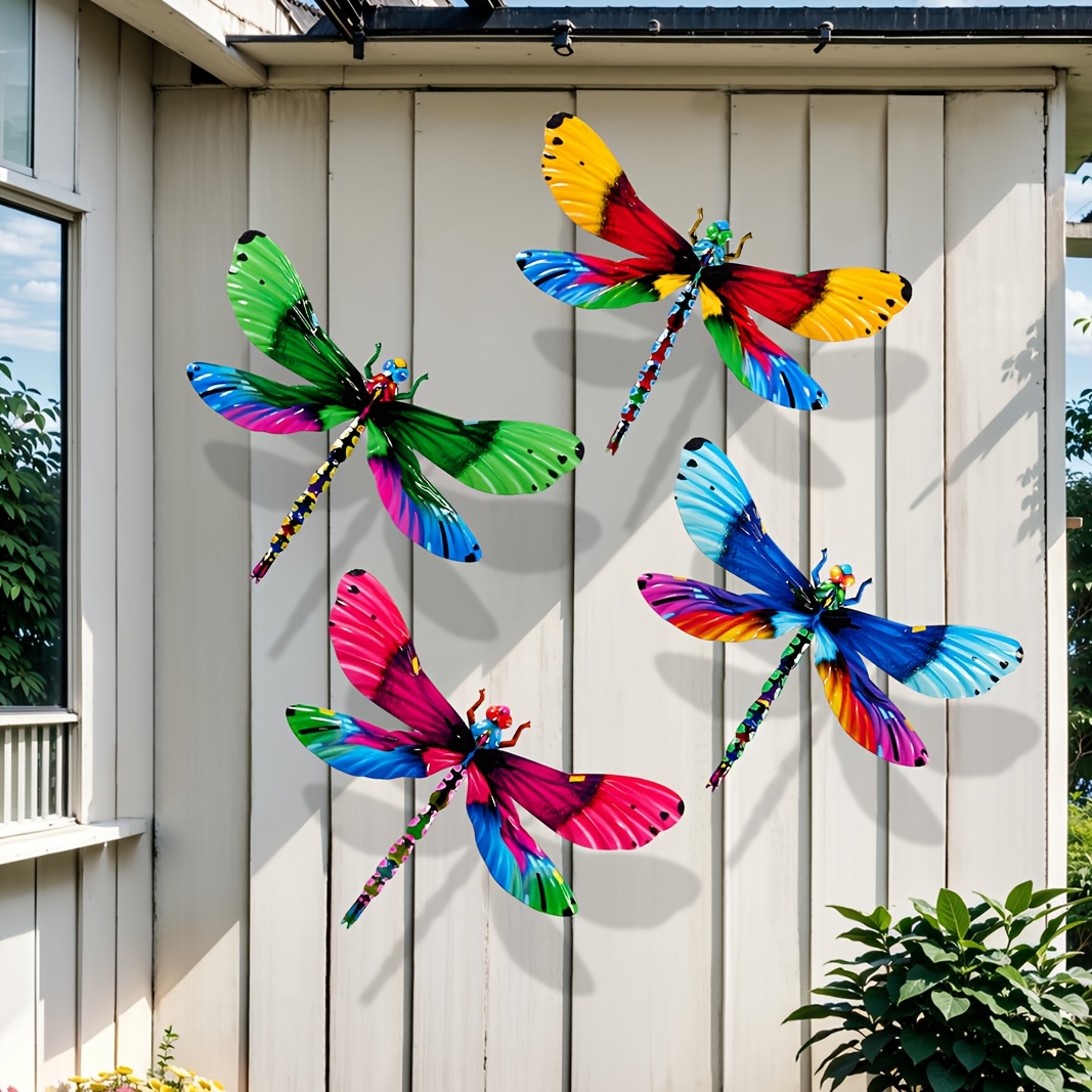 

4pcs Vibrant Metal Dragonfly Wall Art Set - 3d Iron Decor For Home, Bedroom, Living Room & Outdoor , No Power Needed