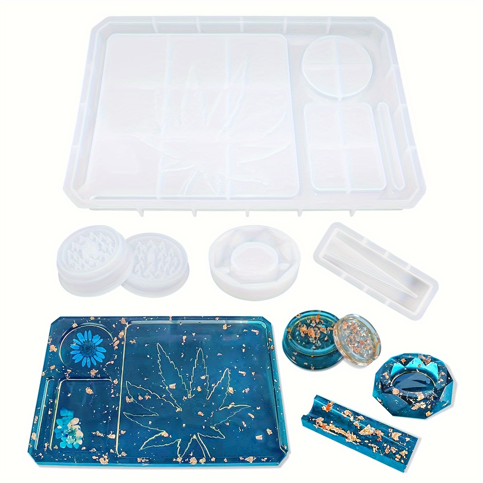 

Silicone Resin Casting Molds Set Of 5 - Resin Kit For Large Rolling Tray, Grinder, Storage With Unique Patterns - Craft Making Supplies For Art Projects, Gifts & Decorations