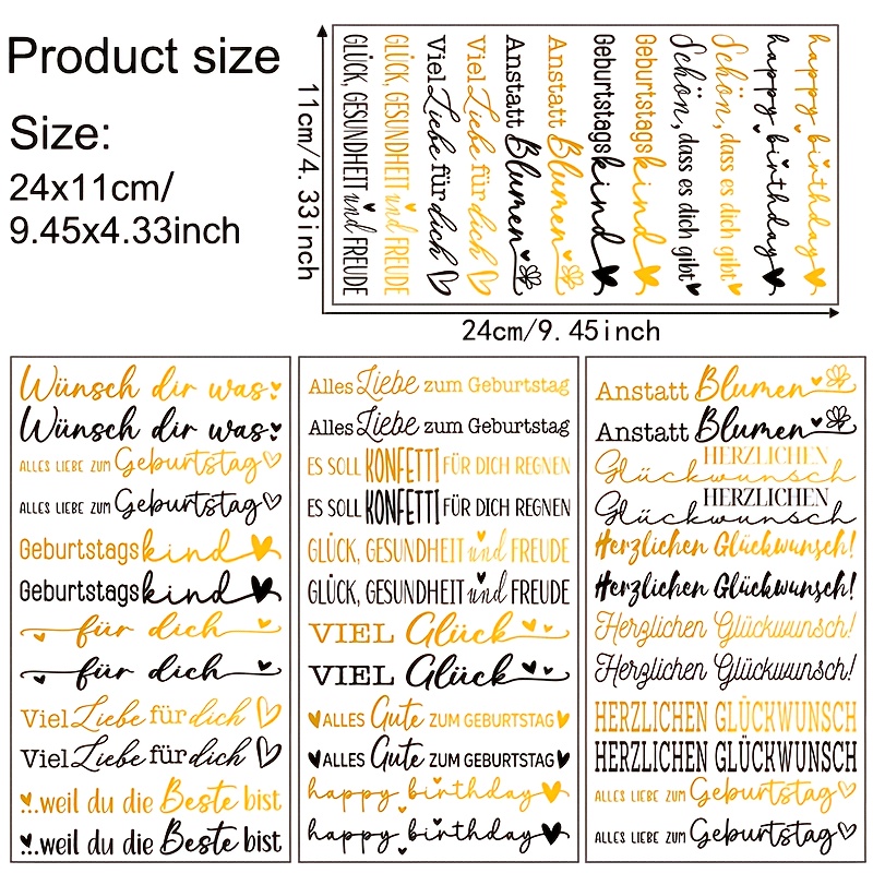 TEMU 4pcs Birthday Theme Transfer, Featuring Warm Golden Handwritten Font With Designs, Equipped With German Birthday Greetings, Suitable For Daily
