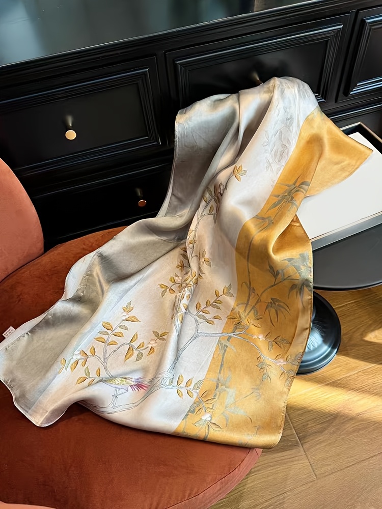 OAW Women's 100% Silk Scarf Shawl - Lightweight Apricot Beige & Turmeric-Yellow Branch Bird Print Suitable for Casual Outings, Office, Travel, Wraps, Neck Warmers, Bag - Elegant Oriental Design with Soft Satin Sheen