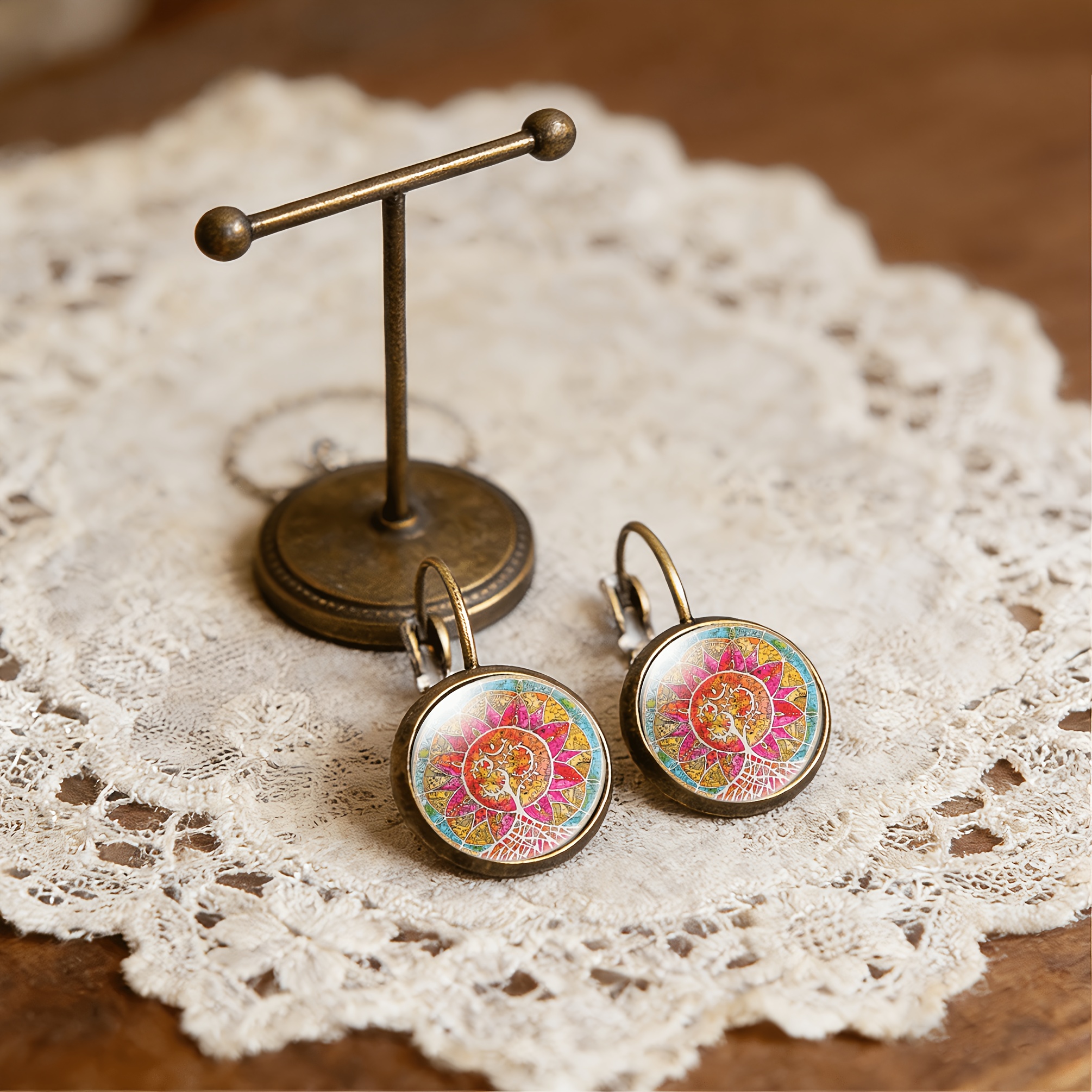 Cyan Round Classical Earrings Set, Colorful Floral Design