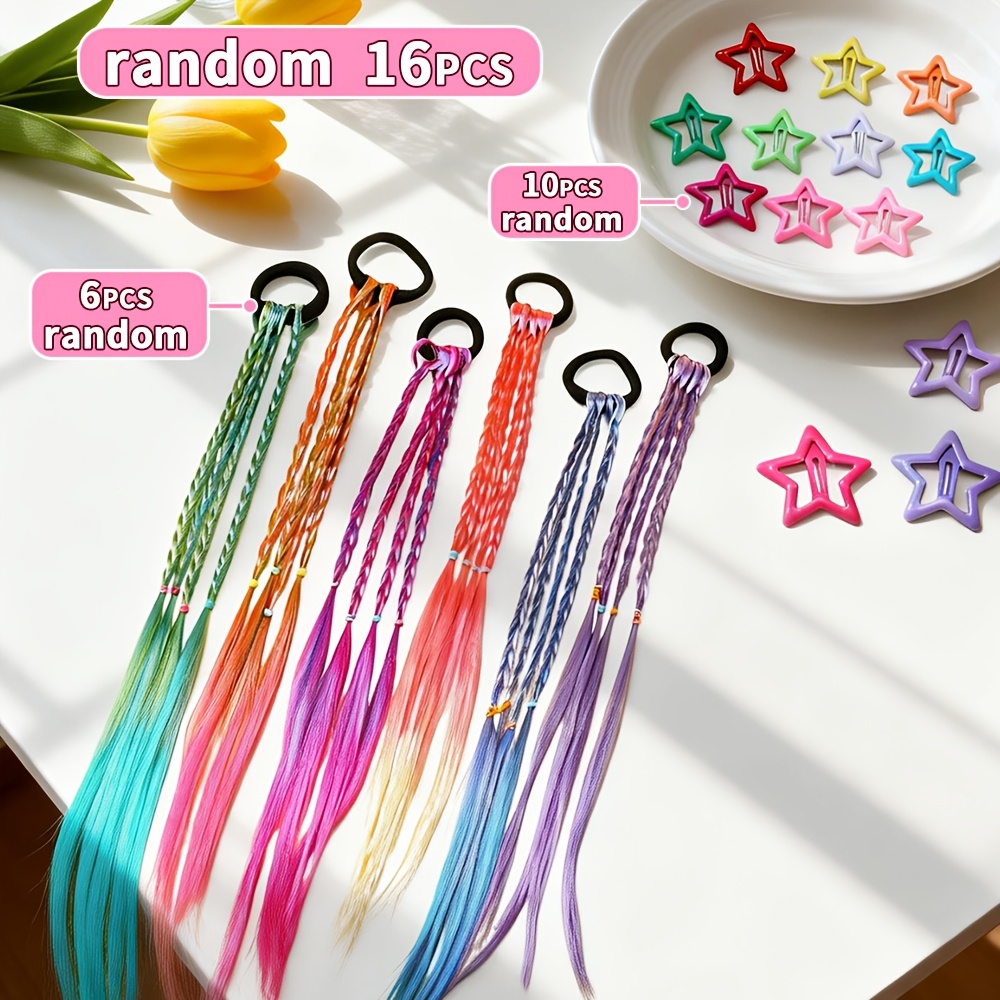 TEMU 16pcs Of Dopamine Dress Up Wigs And Hair Additions For, Including 6pcs Of Random Colored Dress Up Wig Hair Ties   10pcs Of Free Random Colored