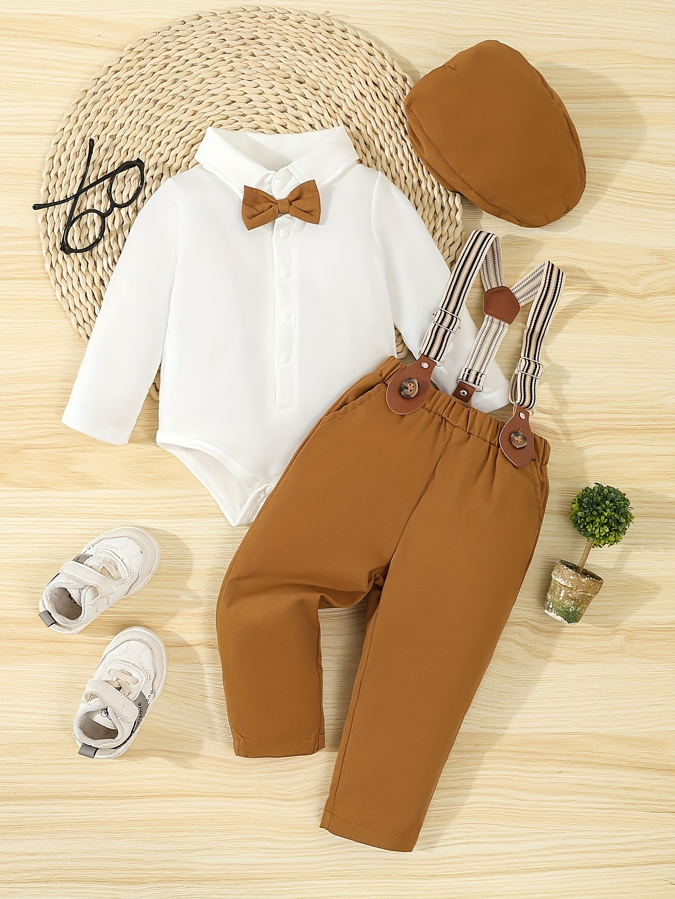 boys 4pcs gentleman outfit set long sleeve romper with bow tie suspenders hat for birthdays weddings special occasions machine washable Product details 12