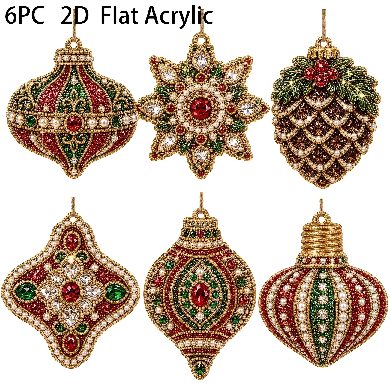 TEMU 6pcs Set 2d Flat Retro Christmas Pearl Diamond Painting Ornaments, Diamond Painting Kit, Stress Relief Handmade Crafts, Christmas Tree Hangings,