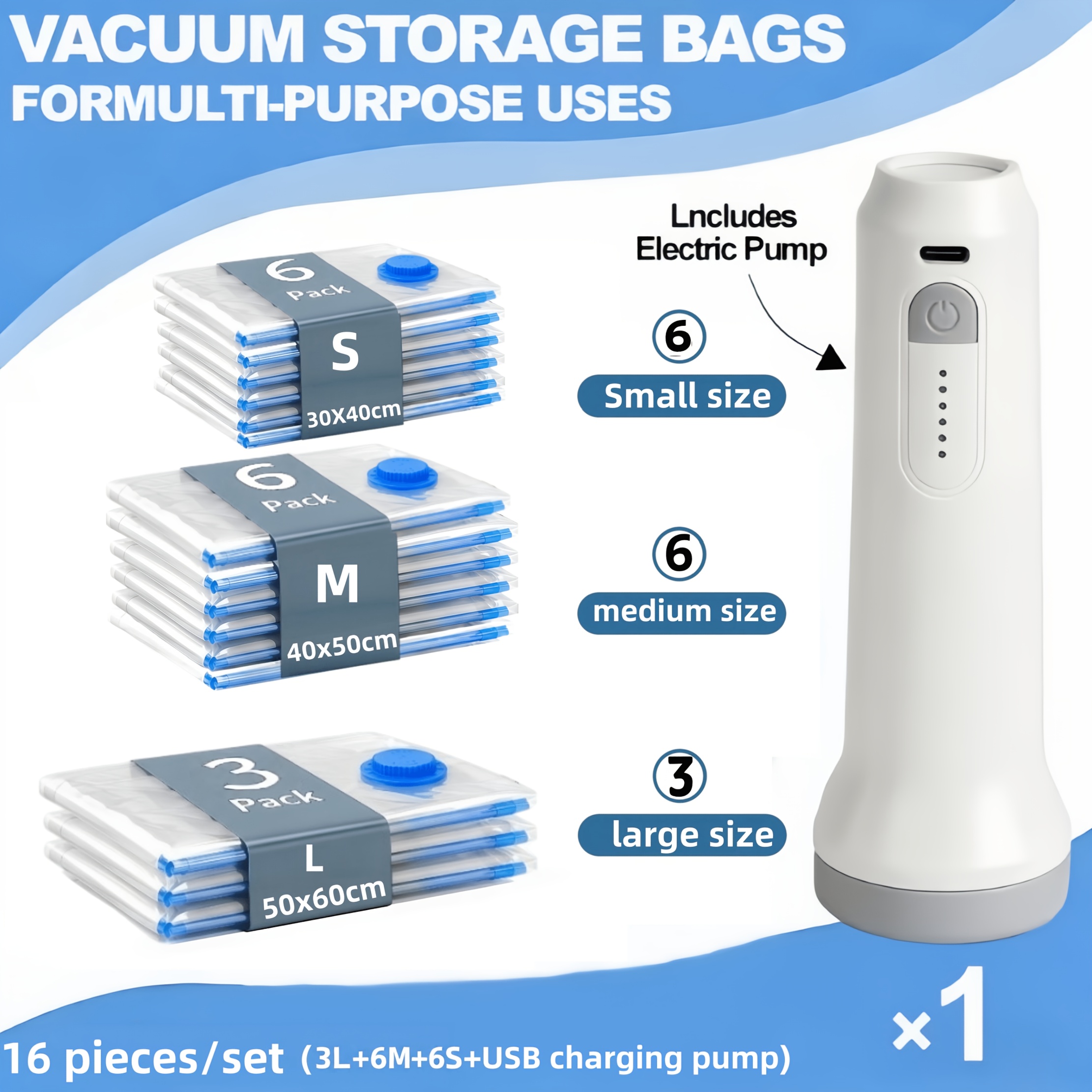 TEMU 16pcs/set - Various Sizes, Vacuum Compression Bags And Usb Electric Air Pump, With Charging Cable, 1500mah Ultra-long , Portable And Convenient