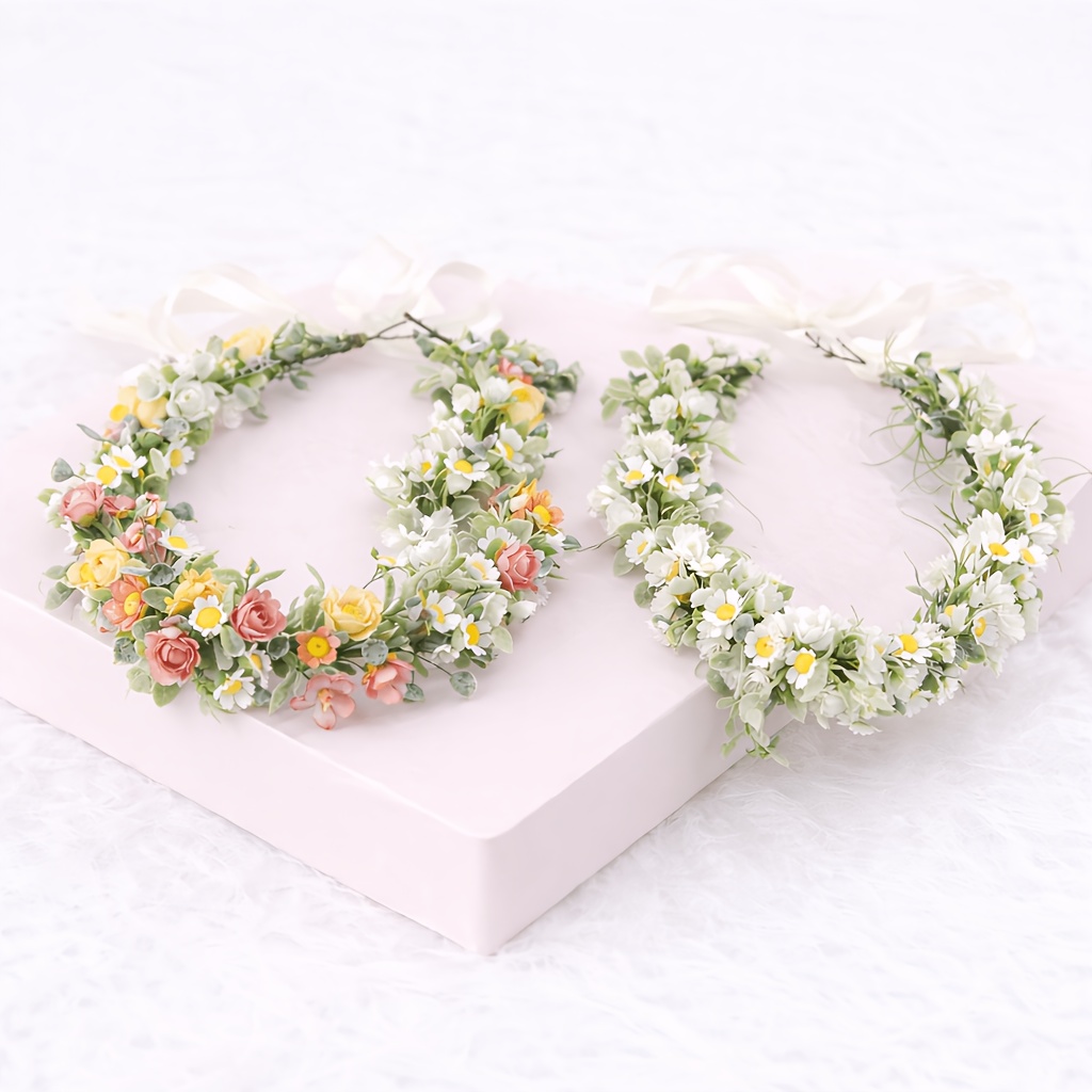 TEMU 2pcs And Summer Colorful Rose Flower Crown Headband, Daisy And Aquatic Plant Headwear, Party Gifts, Bridal Artificial Wreath