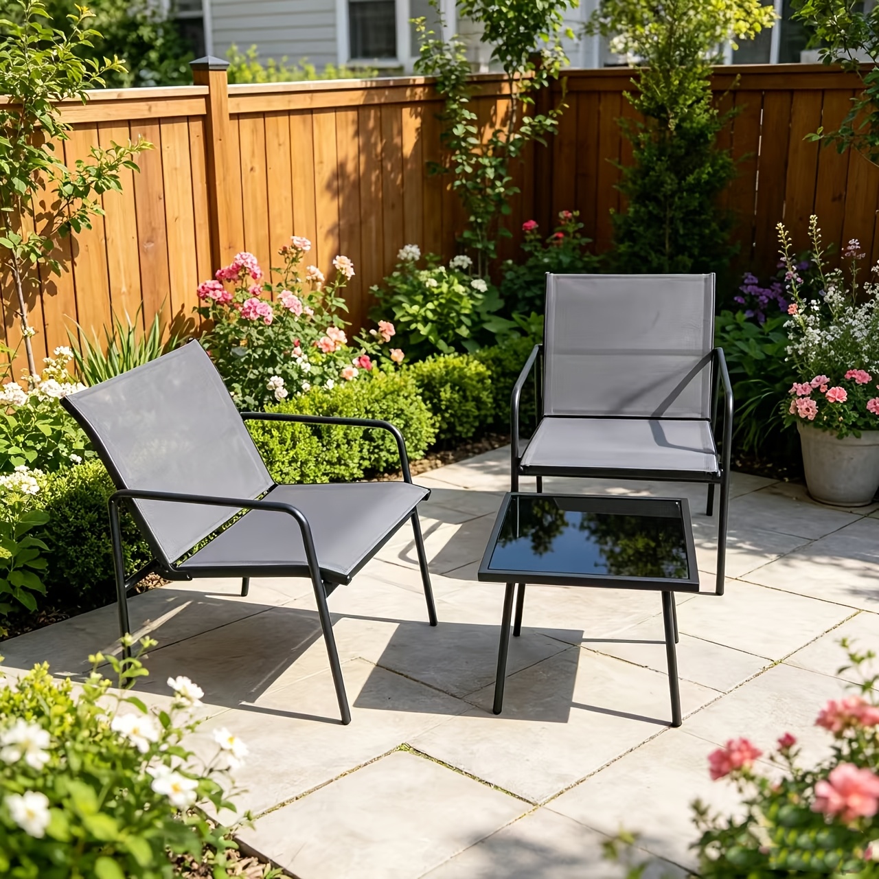 TEMU Garden Table And Chair Set, As Single Chair Or Three-piece Set, Suitable For 2 People. Outdoor Dining Set Includes 1 Glass Table And 2