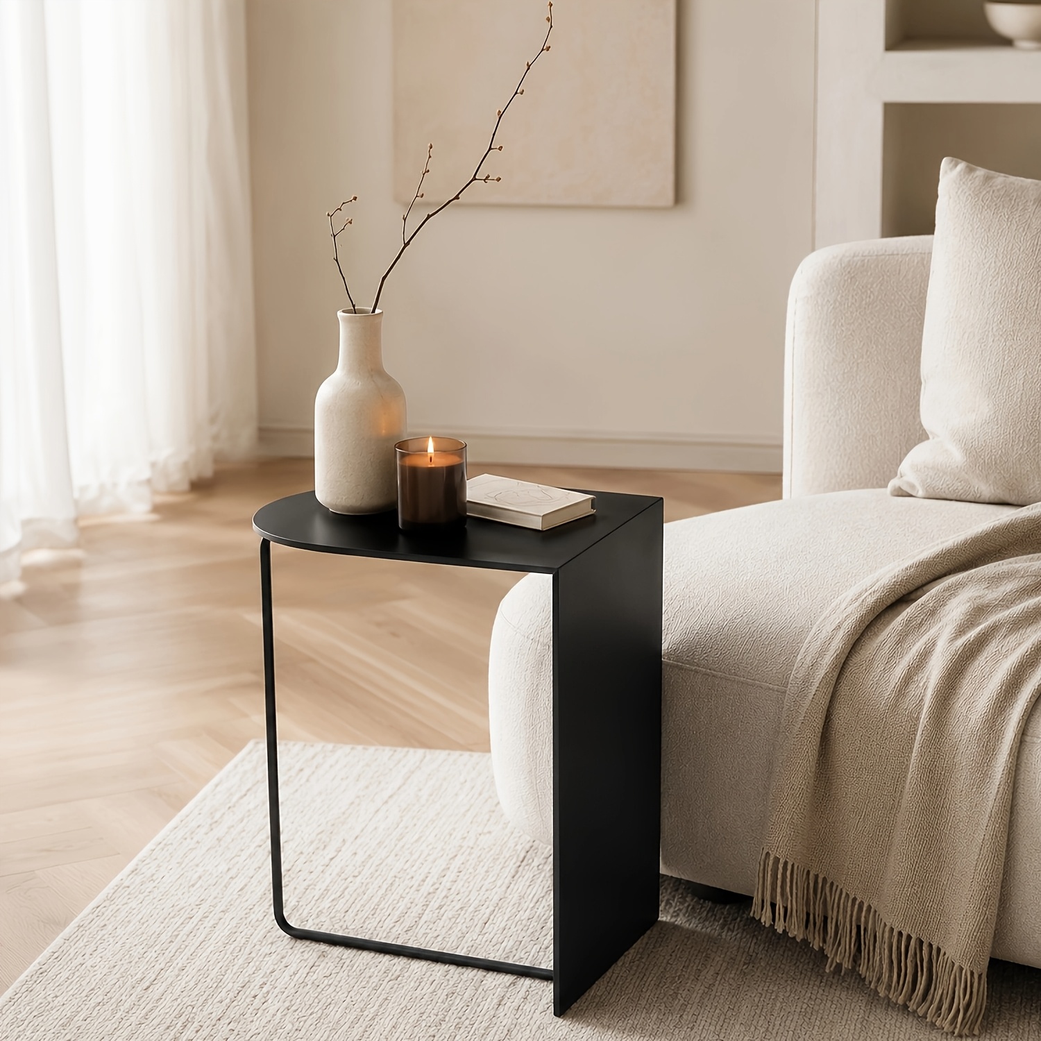 Modern Side Table, Matte Black Metal Slides Under Sofa, Minimalist U-shaped Frame Snack Storage Table, Suitable For Sofa, Bedroom, Living Room