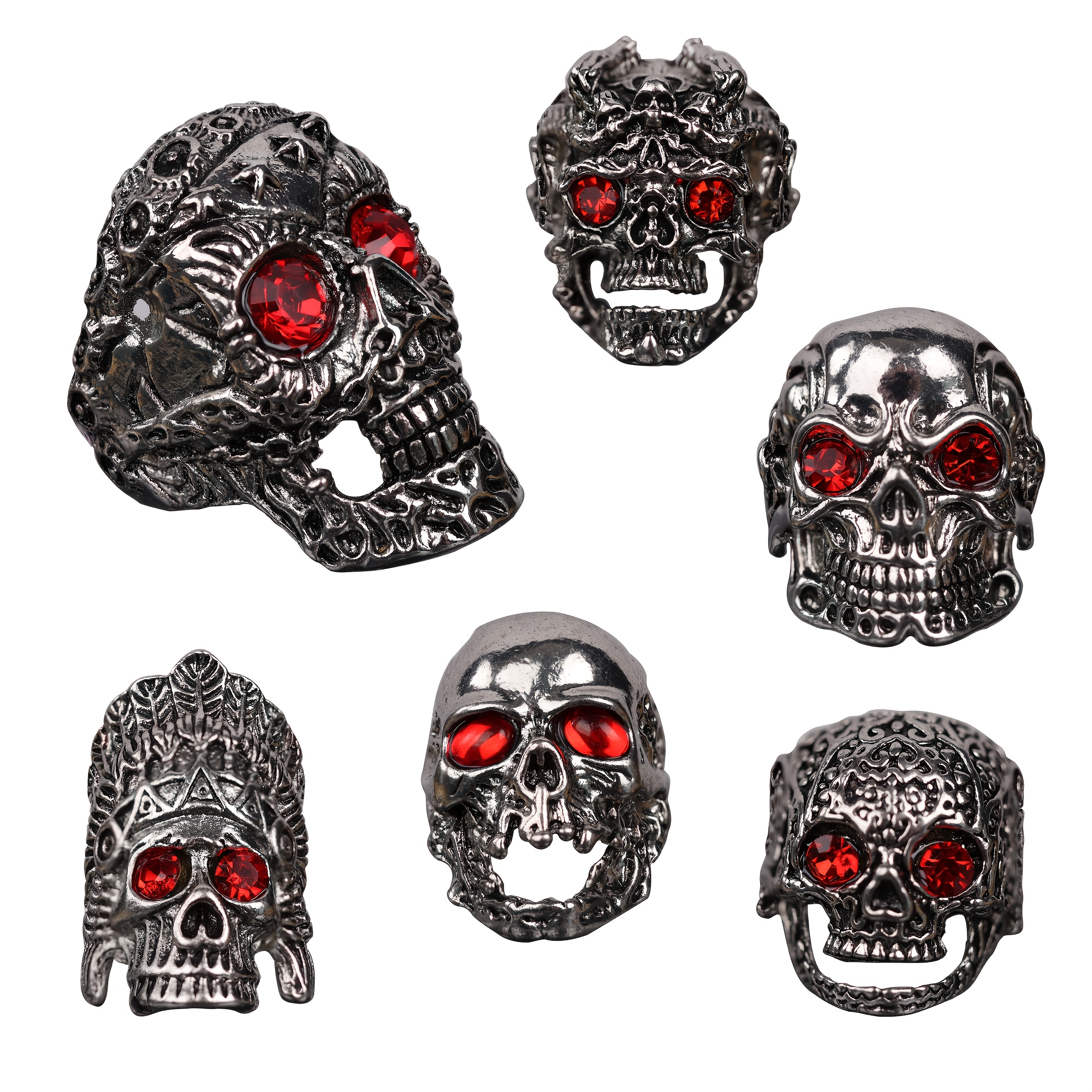 TEMU 6pcs Large Skull Ring With Stone Inlaid Vintage Punk Ring Collection For Women And Men Gift Father's Day Holiday