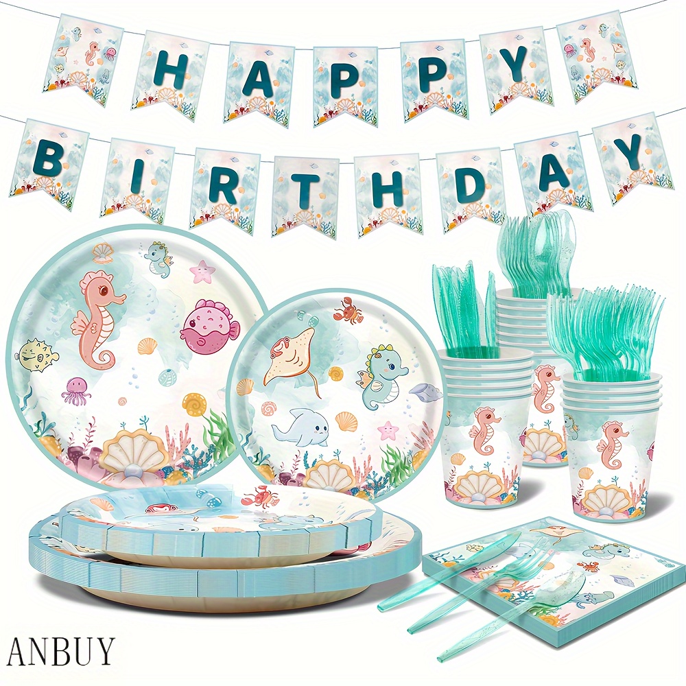 

Under The Sea Party Decorations, 234pcs Ocean Theme Birthday Tableware Set Seahorse Paper Plates Cups Napkins Banner For Birthday Baby Shower Parties, Serve 32 Guests