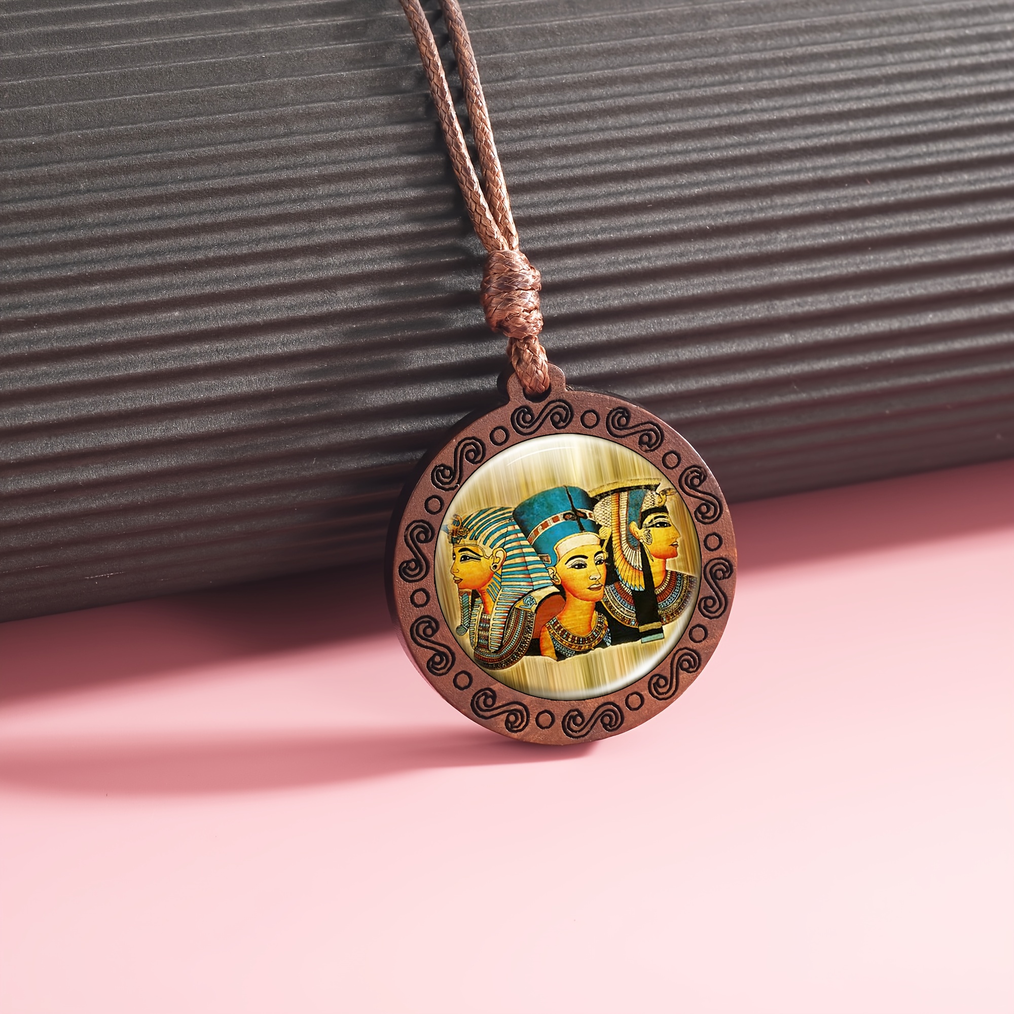 Unisex Handmade Ancient Egyptian Style Wood Necklace, Nefertiti Design