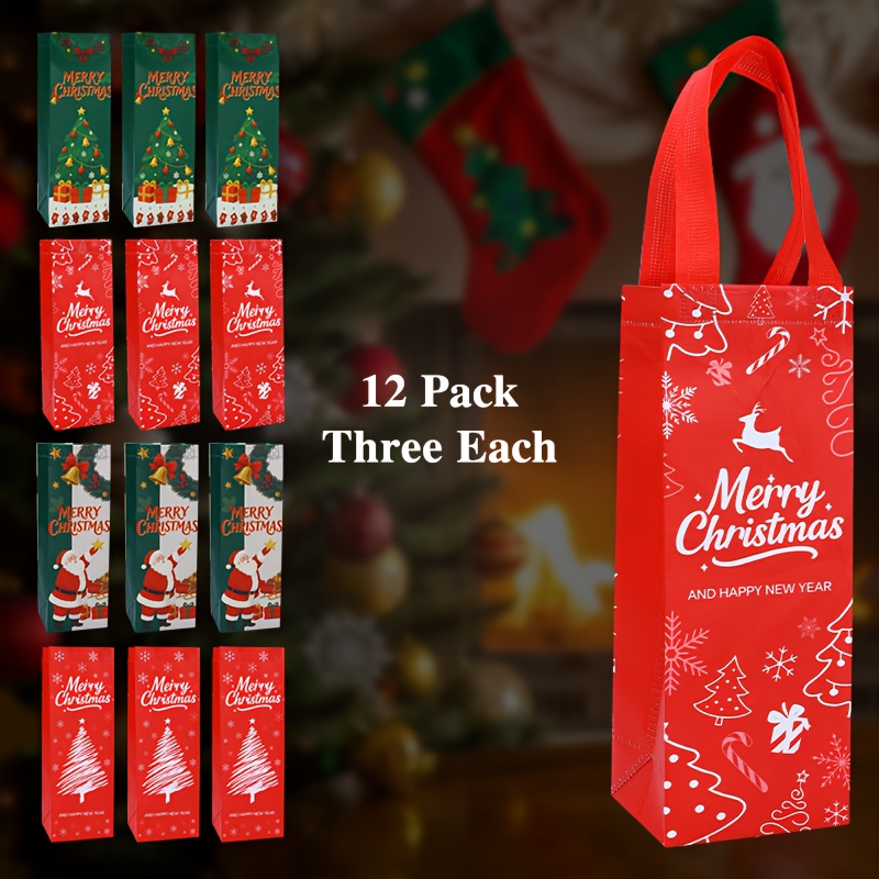24pcs and 12pcs Elegant Christmas Red Wine Champagne Gift Bag Set - Heavy-Duty Non-Woven Reusable Bottle Sleeve, Festive Design in red/green with Snowflake, Deer & Bell Patterns, Durable Material for Holiday Parties, New Year's Eve, Birthdays, Weddings etc. Large Capacity