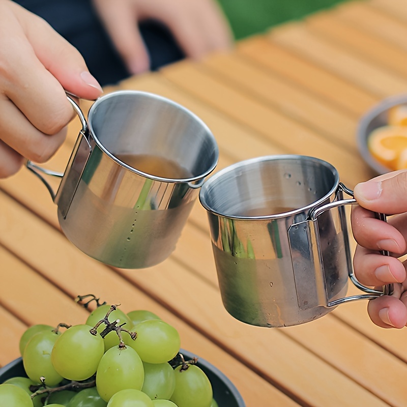 

1pc Stainless Steel Water Cup, Folding Handle Coffee Mug, Portable For Outdoor Camping Hiking Picnic And Bbq