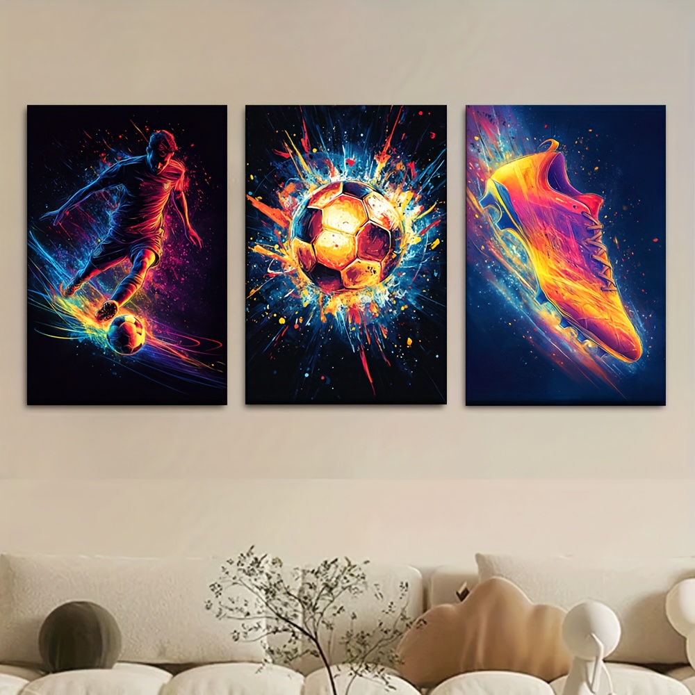 TEMU 3pcs Set Abstract Football Player Wall Art Posters - Unframed Soccer-themed Hand-drawn Canvas Paintings, Modern Decor For Office, For Cave,