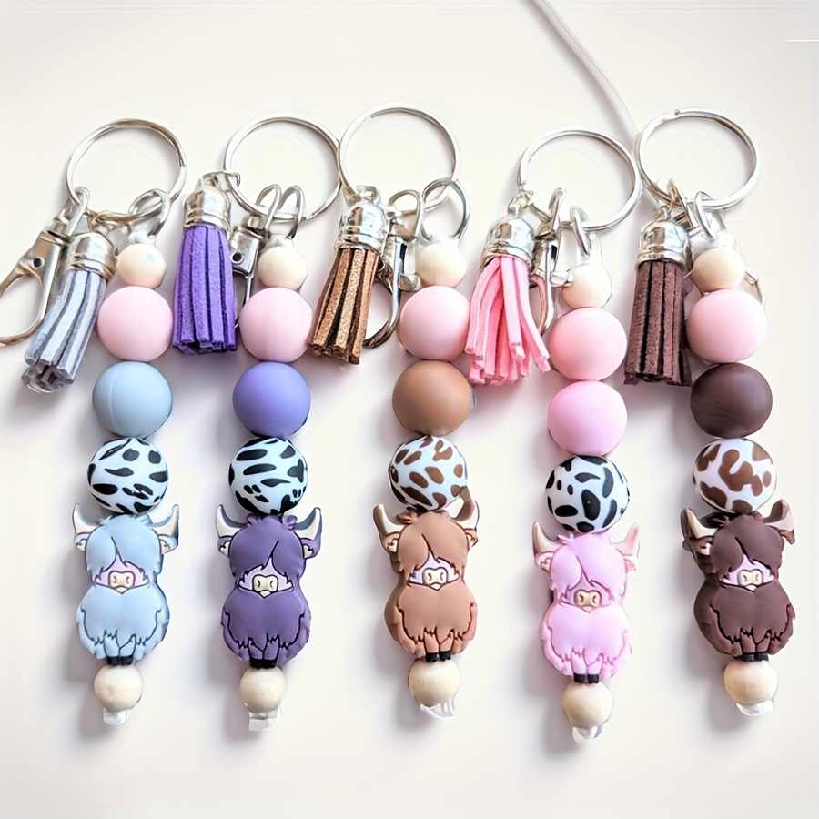 

Chic Highland Cow Keychain - Silicone Beaded Animal Charm With Tassel, Lobster Clasp For Women' & Gifts