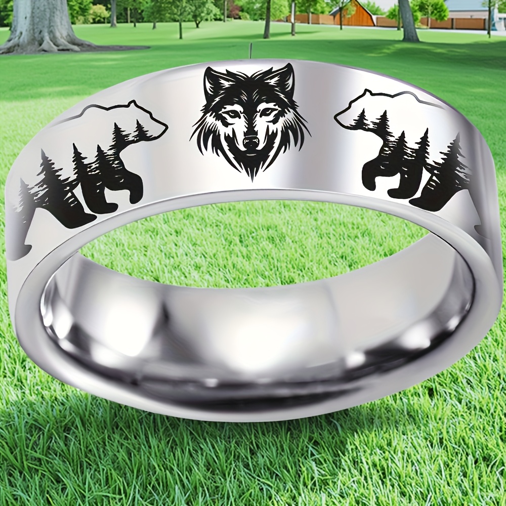 8mm Stainless Steel Bear and Wolf Engraved Wedding Band Ring