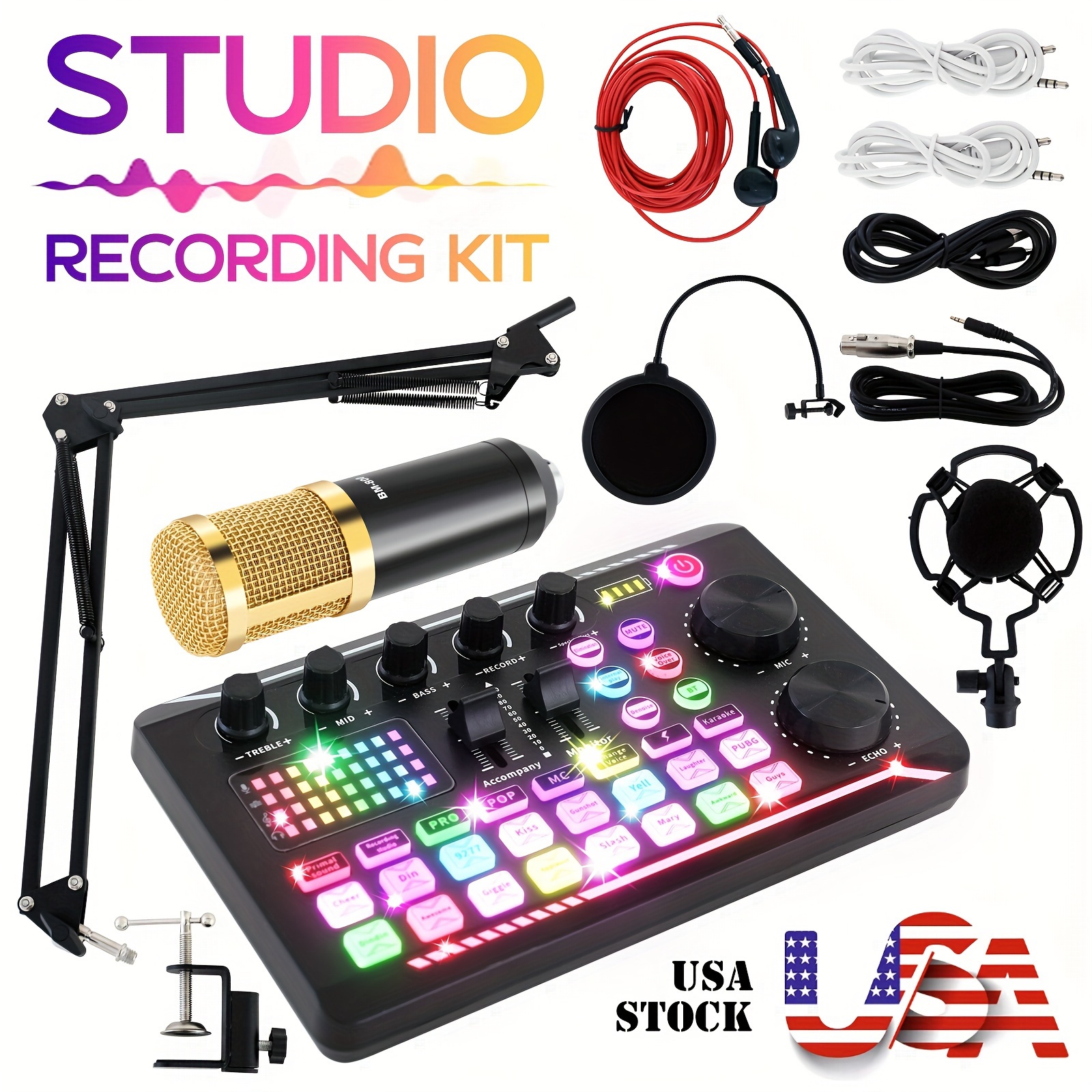 Podcast Equipment Bundle, V8 Audio Interface, Wired Microphone with All In One Live Sound Card And BM800 Condenser Microphone, Podcast Microphone, Perfect for Recording, Live Streaming
