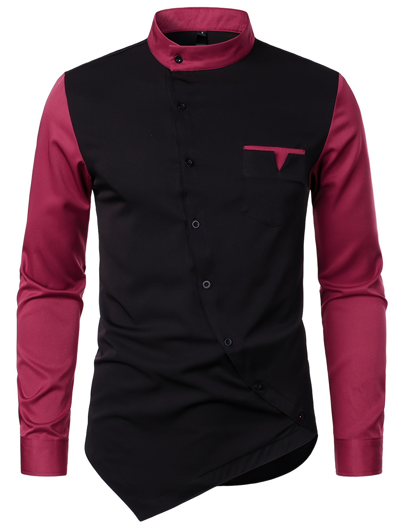 Color: Black Burgundy European Size Youth Foreign Trade Slant Button Irregular Color Block Henry Collar High-End Shirt